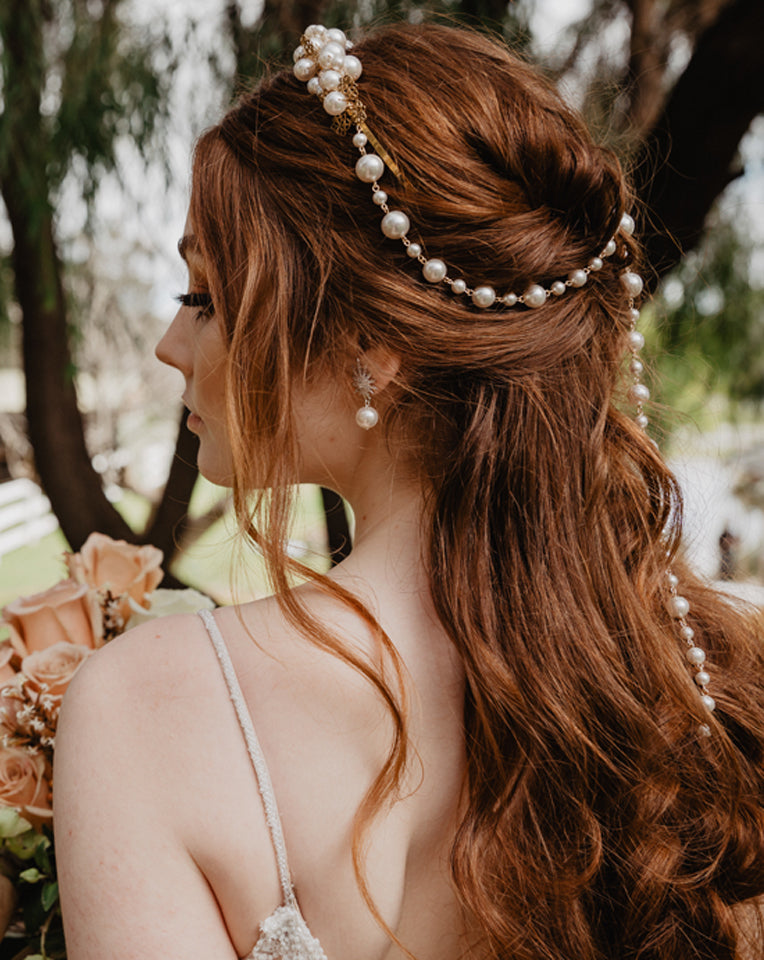 Elegant Bridal Headpiece - Pearl Antique Band with Pearl Drape | Kezani Paros Collection | Perfect for Weddings, Prom & Special Occasions