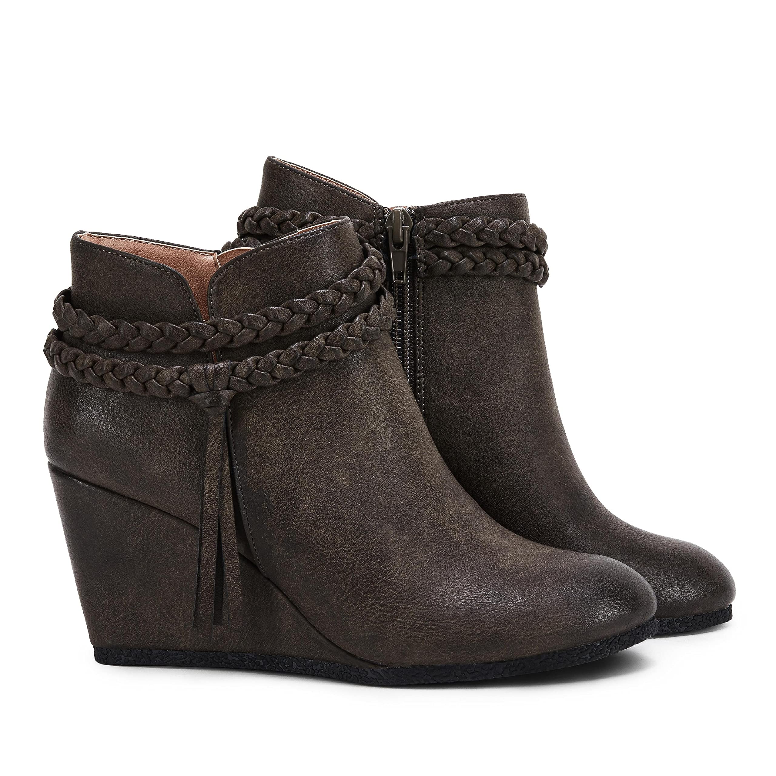 Women's Western Ankle Boots with Braided Fringe Strap - Comfortable Wedge Heel Dress Booties for Fall | Perfect for Country Outfits, Date Nights & Office Wear