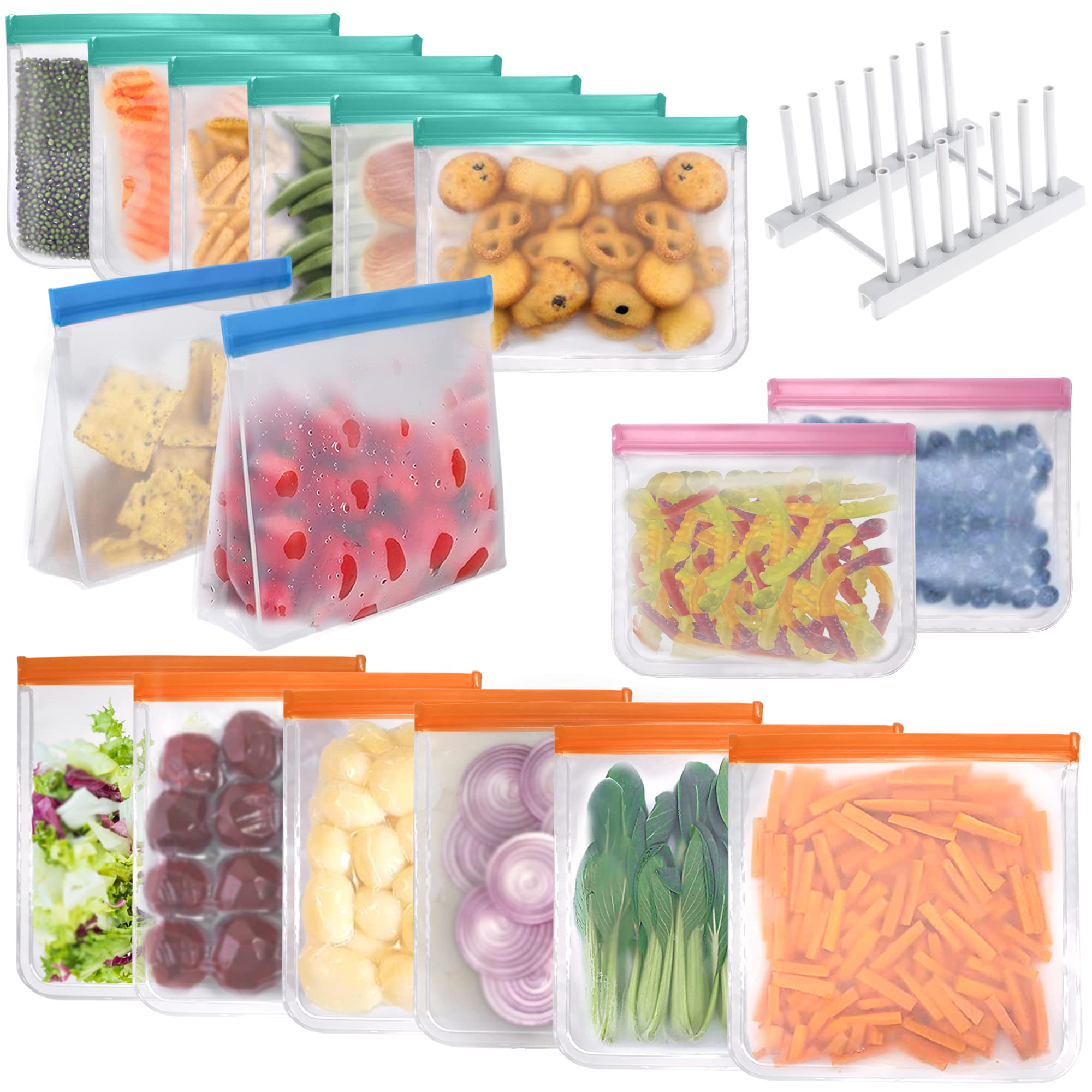 16 Pack Reusable Leakproof Food Storage Bags - Extra Thick Freezer Safe Vinyl Containers for Snacks, Sandwich, Meat, Fruits & Vegetables | Perfect for Meal Prep, Picnics, School Lunches & Freezer Organization