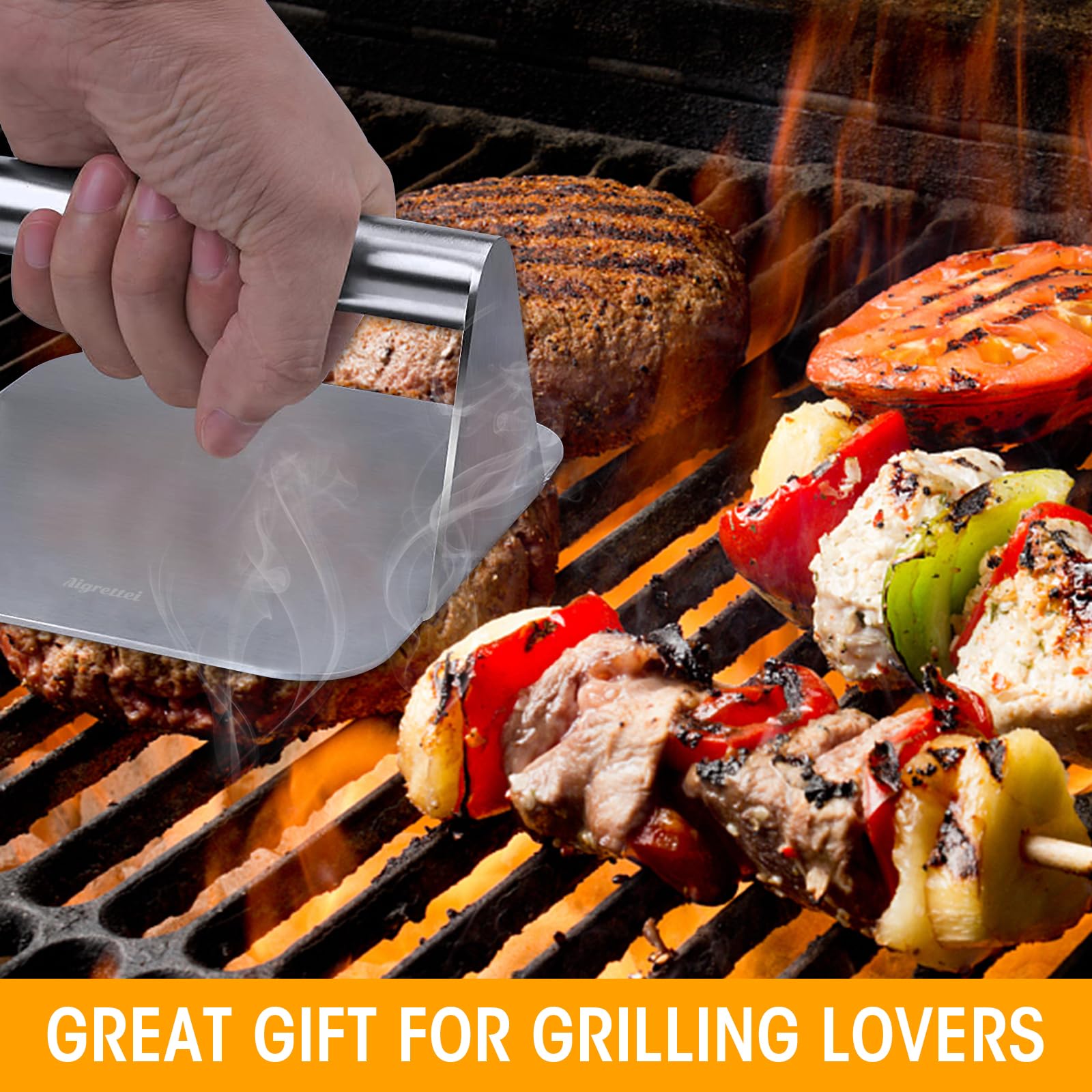 Heavy Duty Stainless Steel Burger Press - Non-Stick Hamburger Patty Maker for Grill, Griddle & BBQ - Perfect for Burgers, Bacon, Ham & Sandwiches - Dishwasher Safe & Rustproof - 5.5x5.5 Inches - Ideal for Backyard BBQs, Camping & Outdoor Cooking