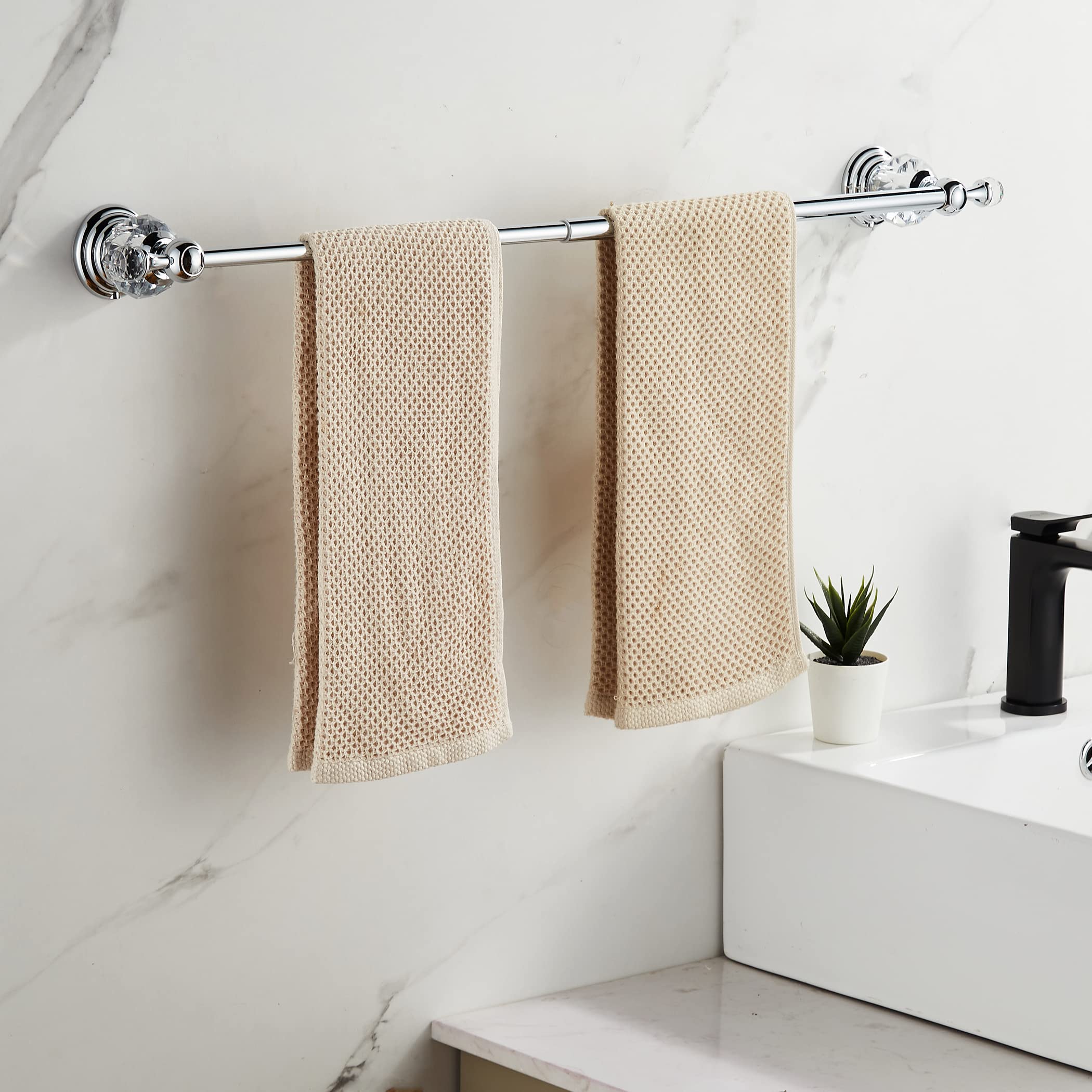 WOLIBEER Adjustable Stainless Steel Towel Bar - Chrome Expandable Towel Rack for Bathroom, Wall Mounted Towel Holder with Crystal Accents - Perfect for Modern Bathrooms, Spa, and Luxury Home Decor