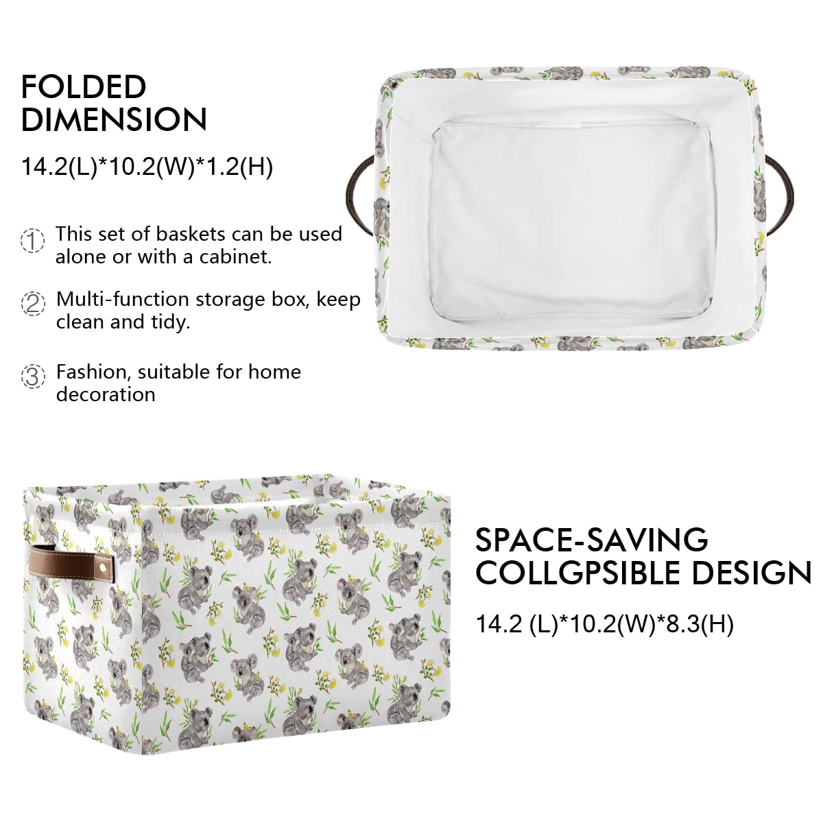 Foldable Fabric Storage Bins with Koala & Flower Design - Large Capacity Closet Organizers with Reinforced Handles (2-Pack) | Perfect for Bedroom, Closet, Nursery & Office Organization