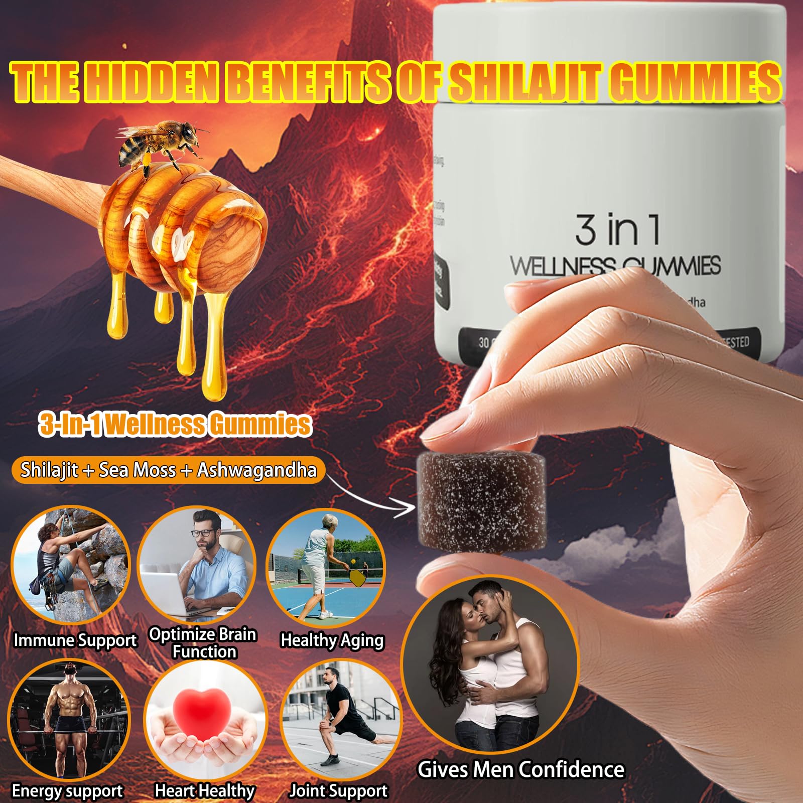 Premium 3-in-1 Shilajit Gummies for Men with Sea Moss & Ashwagandha - Natural Wellness Supplement for Energy, Immunity & Vitality - 30 Count - Perfect for Daily Health Routine & Active Lifestyle