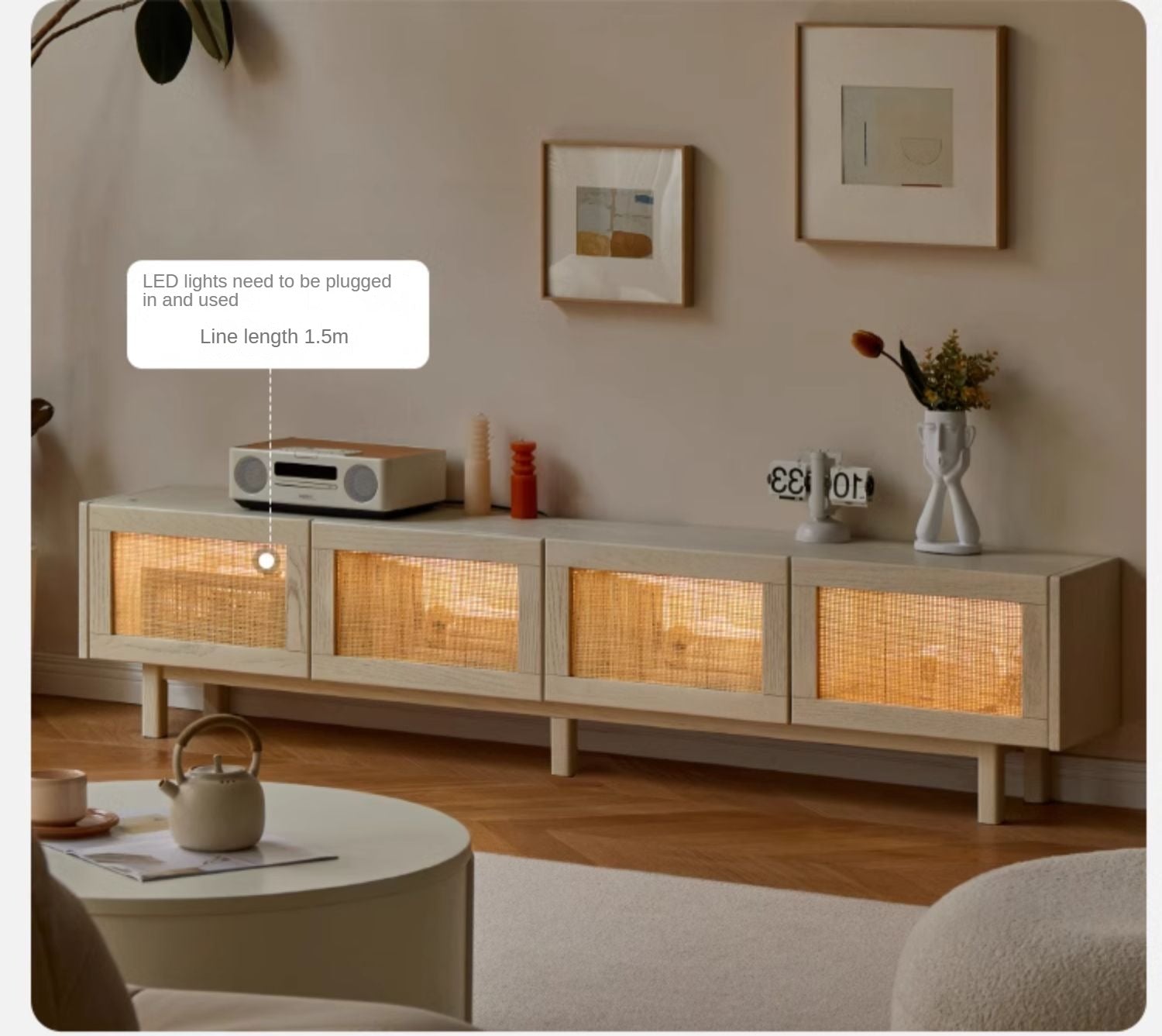 Solid Oak Wood Rattan TV Stand with Suspended Design - Stylish Media Console for Living Room, Bedroom & Home Theater