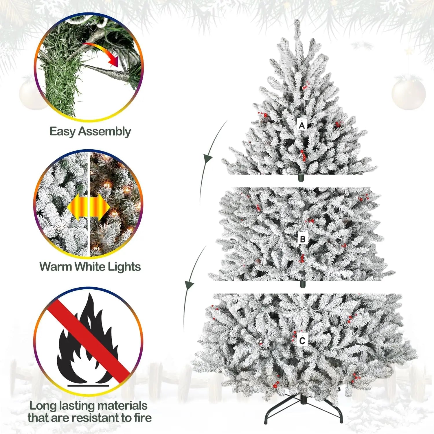 6.5'/7.5' Pre-Lit Snow Flocked Artificial Fir Christmas Tree with Pine Cones & Berries - PVC Branch Tips, Warm White LED Lights, Metal Stand & Hinged Branches for Holiday Home Decor, Office & Christmas Party Decoration