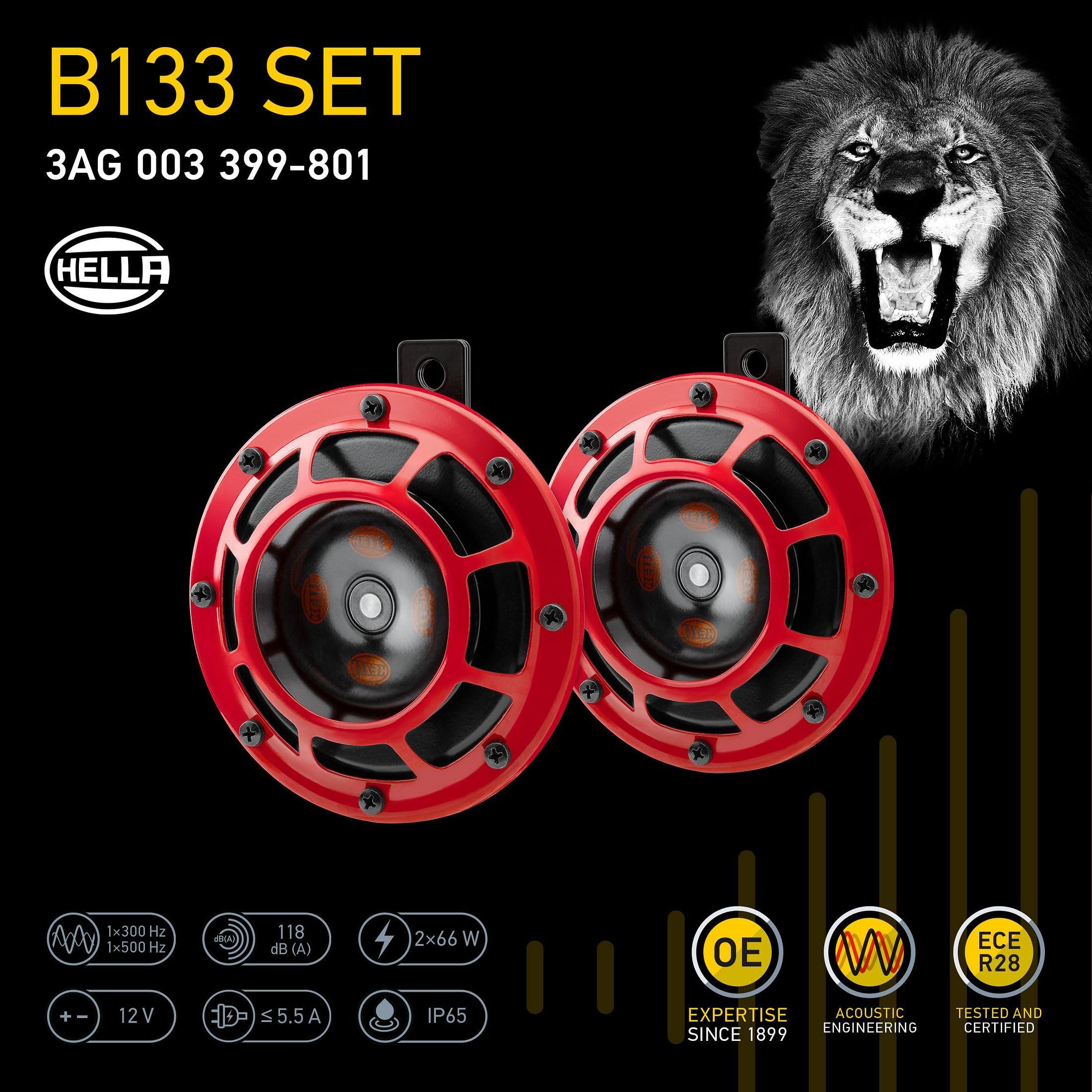 HELLA 003399801 Supertone 12V High/Low Tone Twin Horn Kit with Red Protective Grill - Loud Dual Horn Set for Cars, Trucks & Motorcycles - Perfect for Off-Roading, Emergency Vehicles & Custom Upgrades