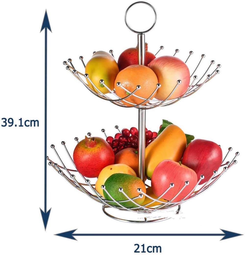 2-Tier Metal Fruit and Vegetable Basket - Kitchen Countertop Display Organizer for Fruits, Bread, Produce - Portable Double-Layer Storage Rack for Home, Restaurant, or Farmers Market Use