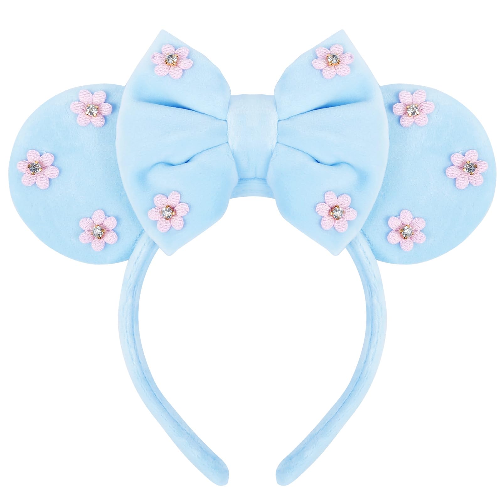 WOVOWOVO Women's Sky Blue Flower Mouse Ears Headband - Velvet Hairband with Bow for Girls & Women, Perfect for Christmas, Birthdays, Disney Trips & Costume Parties