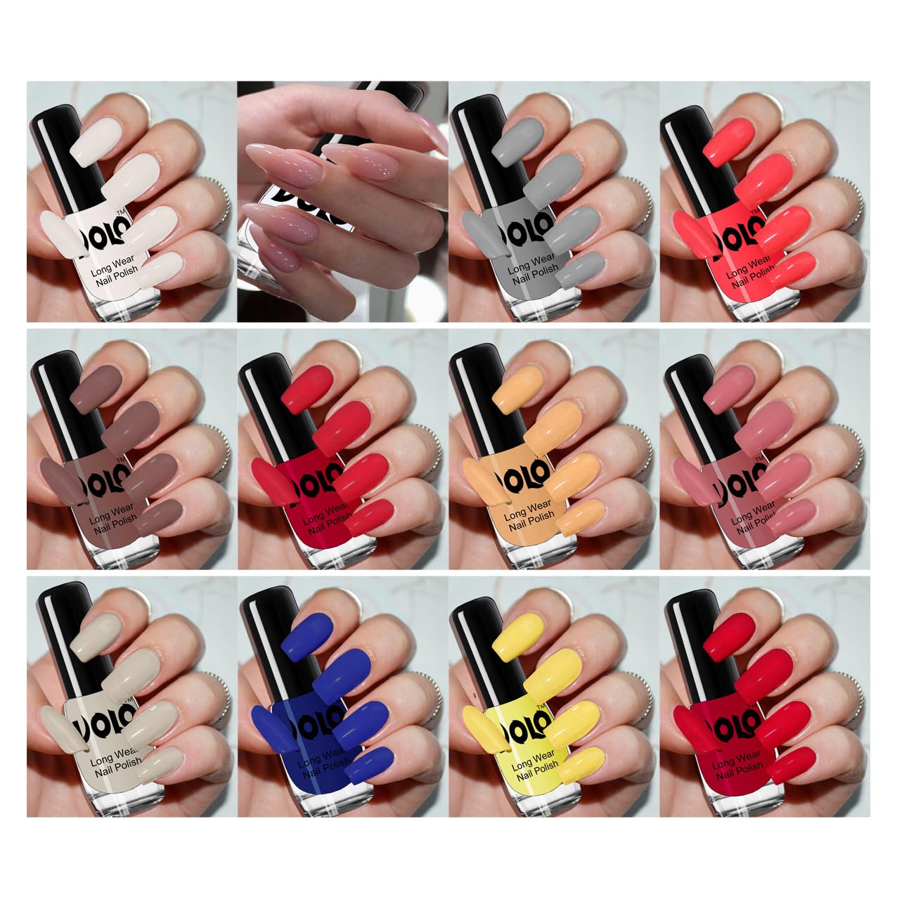Volo Non-Toxic 12-Piece Nail Polish Set - Matte White, Glossy Top Coat, Grey, Carrot Red, Dark Nude, Red, Flirty Nude, Tan, Ice Nude, Yellow, Royal Blue | Vegan & Cruelty-Free Nail Colors for Manicures, Pedicures, Salon & Home Nail Art