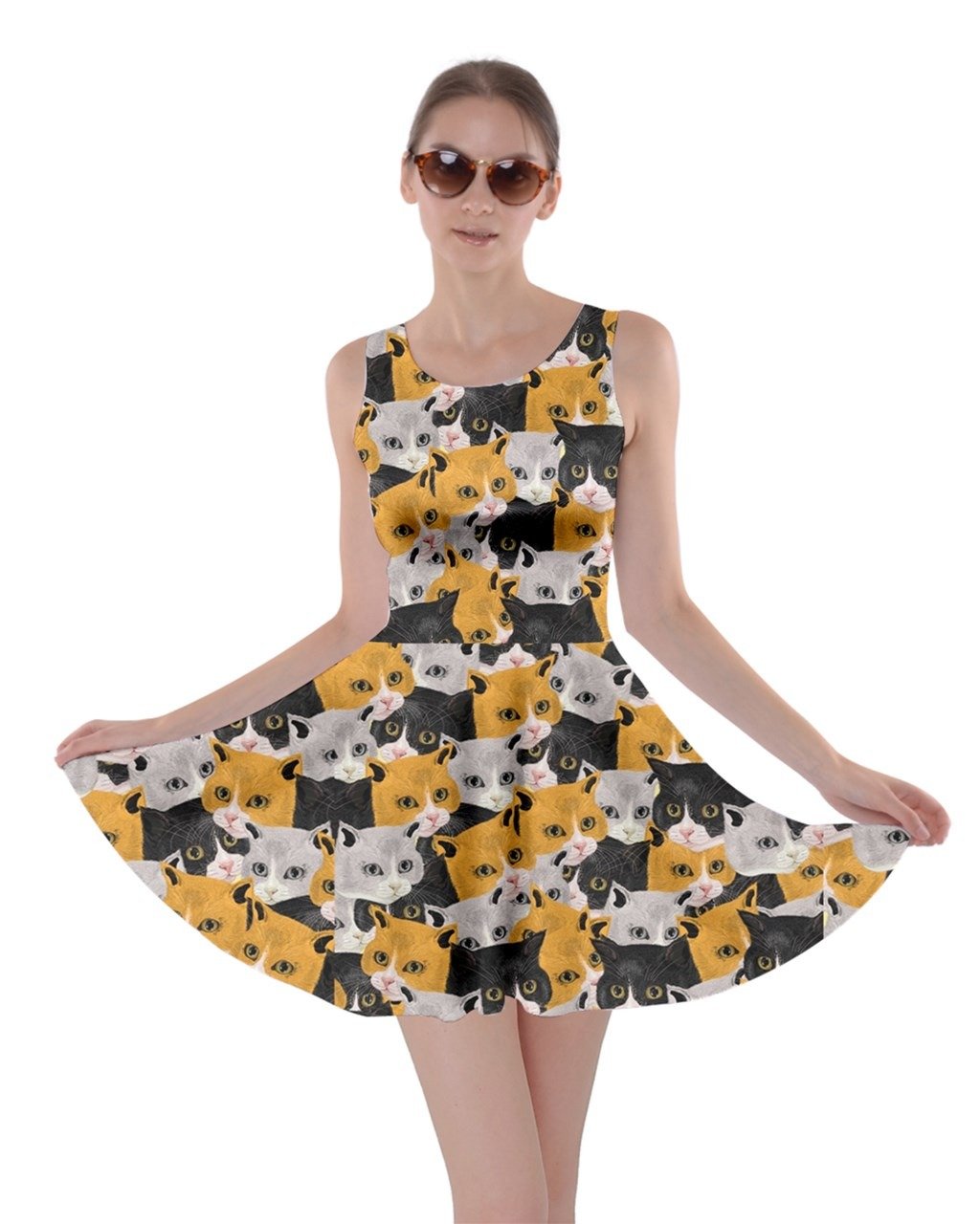 CowCow Women's Black White Orange Colorful Space with Cats Saturn and Stars Skater Dress - Plus Size 5XL | Cute Graphic Print A-Line Swing Dress for Casual Wear, Parties & Cosplay