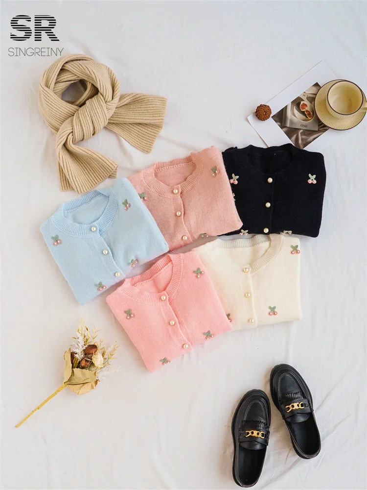 Cherry Beading Design Sweater for Women - Elegant Knit Pullover with Floral Embroidery - Perfect for Casual Outings, Office Wear & Date Nights