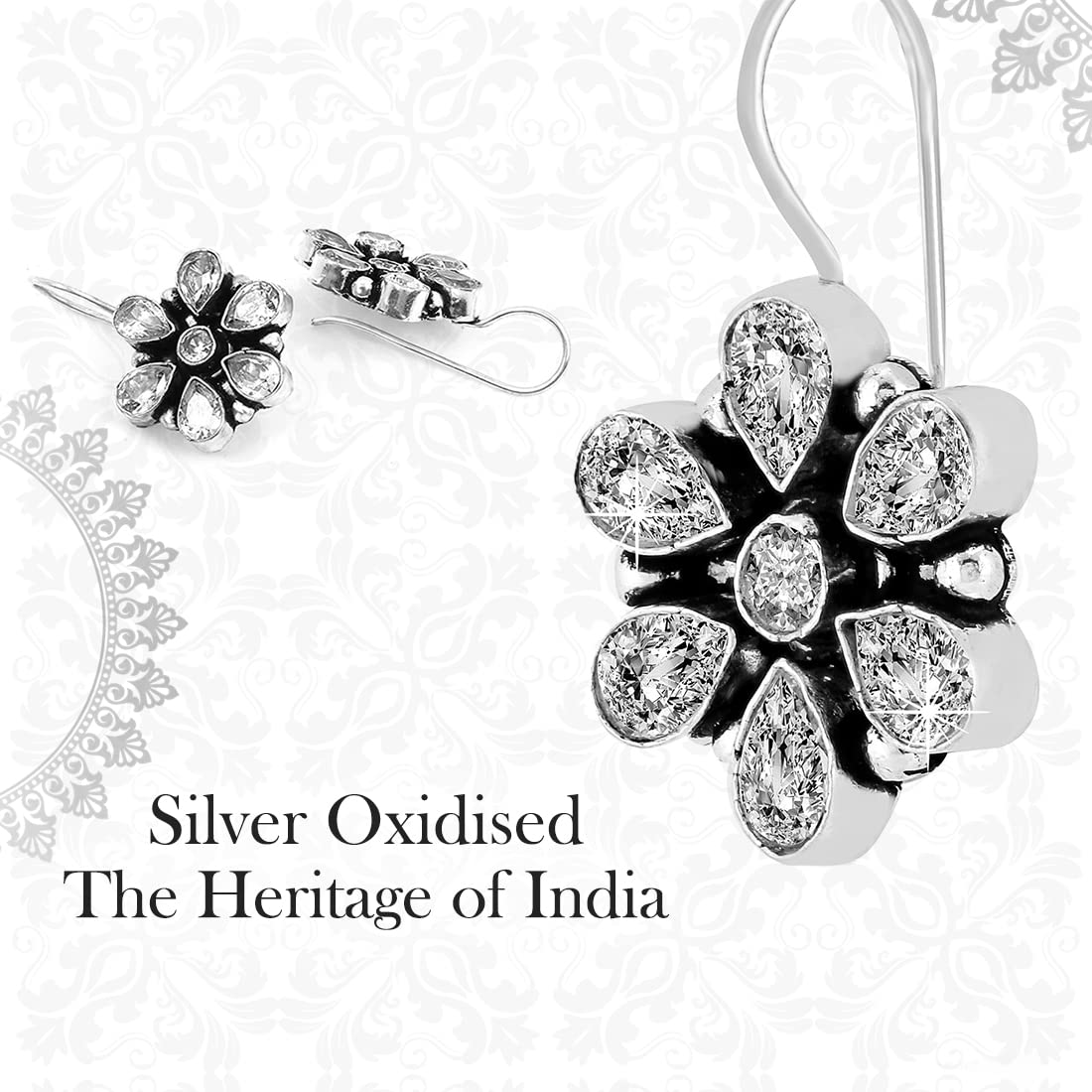 Oxidized Silver Floral Drop Earrings for Women – White Stone Studded Traditional German Silver Jewelry | Elegant Yellow Chimes Dangle Earrings for Girls & Women | Perfect Birthday Gift, Anniversary Present for Wife | Ideal for Parties, Weddings & Casual Wear