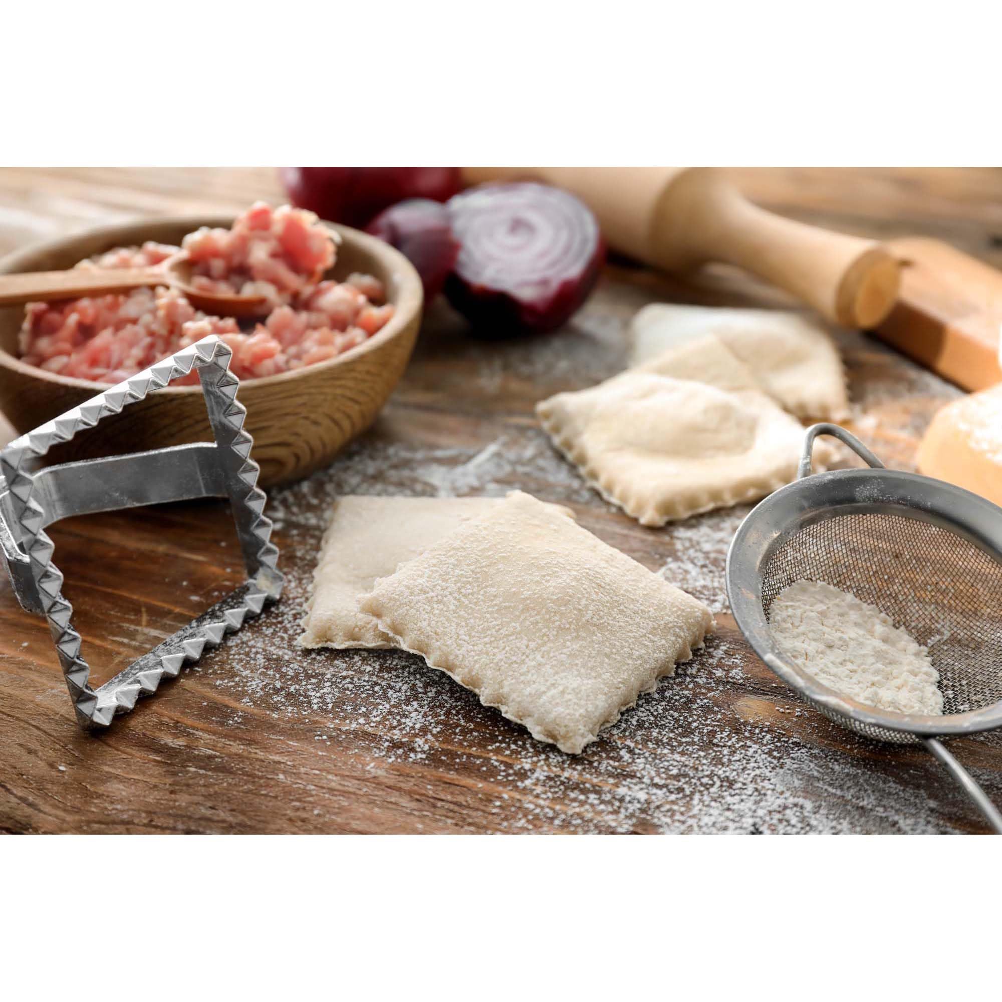 Fantes Ravioli Maker Stamp Set - 2.75-Inch Square Pasta Cutter with Wooden Handle & Fluted Edge | Authentic Italian Market Original Since 1906 | Perfect for Homemade Pasta, Dumplings & Italian Cooking