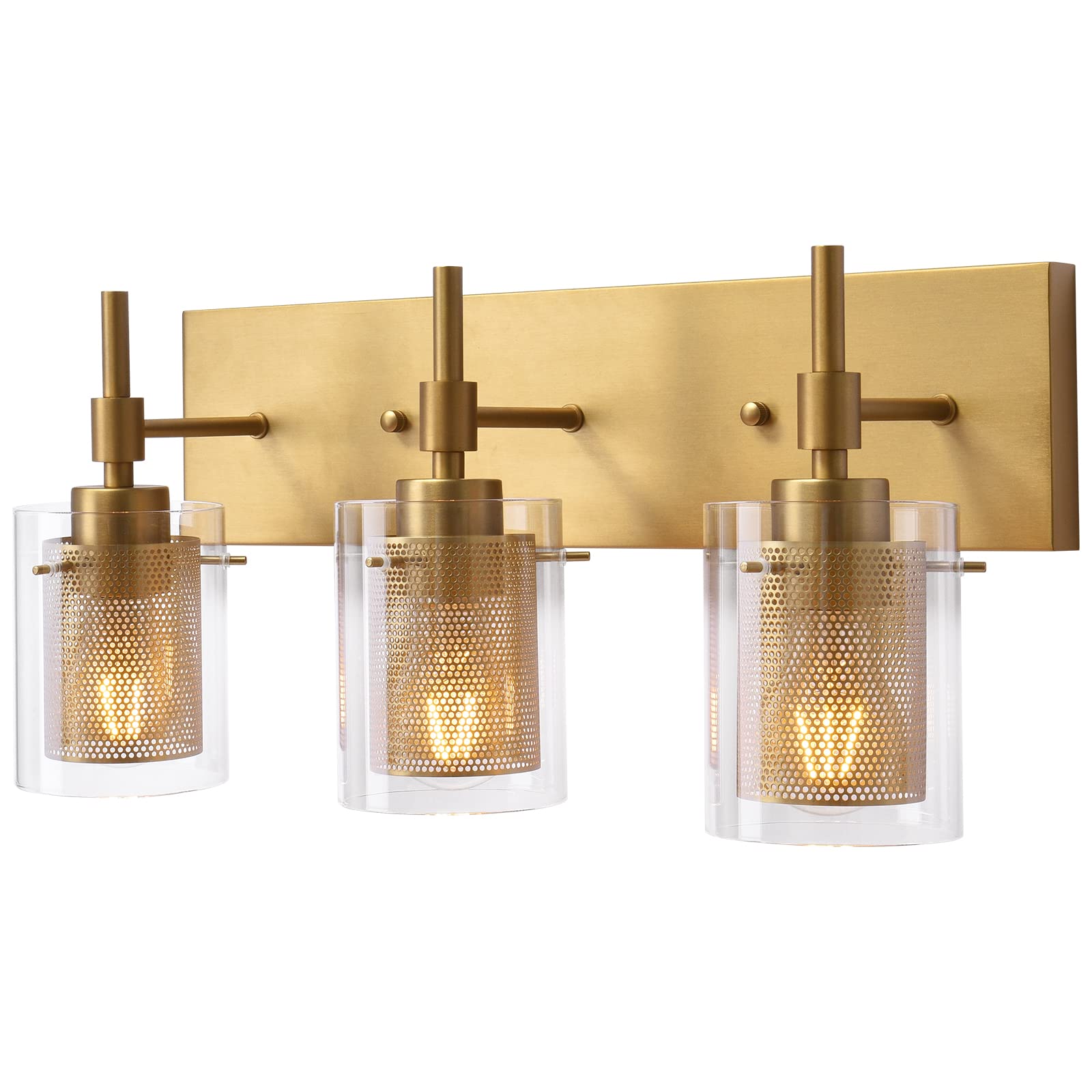 Zicbol Gold Vanity Light Fixture - 3-Light Bathroom Wall Sconce with Clear Glass & Metal Mesh - Modern Lighting for Bathroom, Bedroom, Living Room, Kitchen & Hallway - Perfect for Makeup, Reading & Ambient Lighting