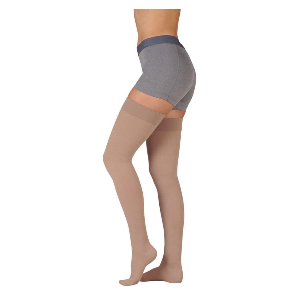 Juzo Dynamic Varin Closed Toe Compression Thigh High Stockings 20-30 mmHg for Men & Women - 2-Way Stretch Fabric, Silicone Top Band, Made in USA - Beige, Size 4 (IV) Petite - Ideal for Circulation Support, Lymphedema & Varicose Vein Relief
