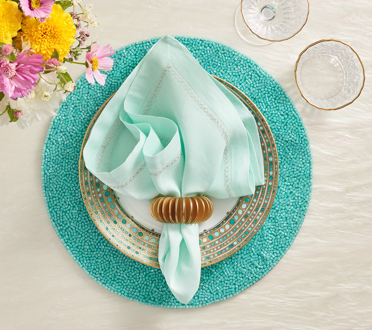 Turquoise Perennial Placemats Set of 4 - Waterproof & Heat-Resistant Table Mats for Dining Room, Kitchen, or Outdoor Picnic Use