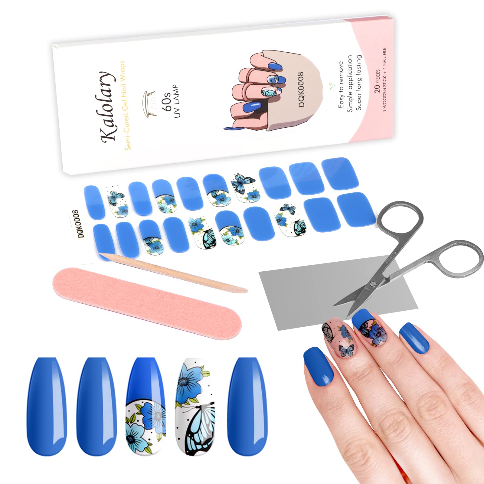 Kalolary Semi-Cured Gel Nail Polish Strips Kit - 8 Pack Waterproof Nail Wraps with Nail Art Stickers, Scissors, File & Stick for Women & Girls - UV/LED Lamp Required for Salon-Quality Manicures at Home