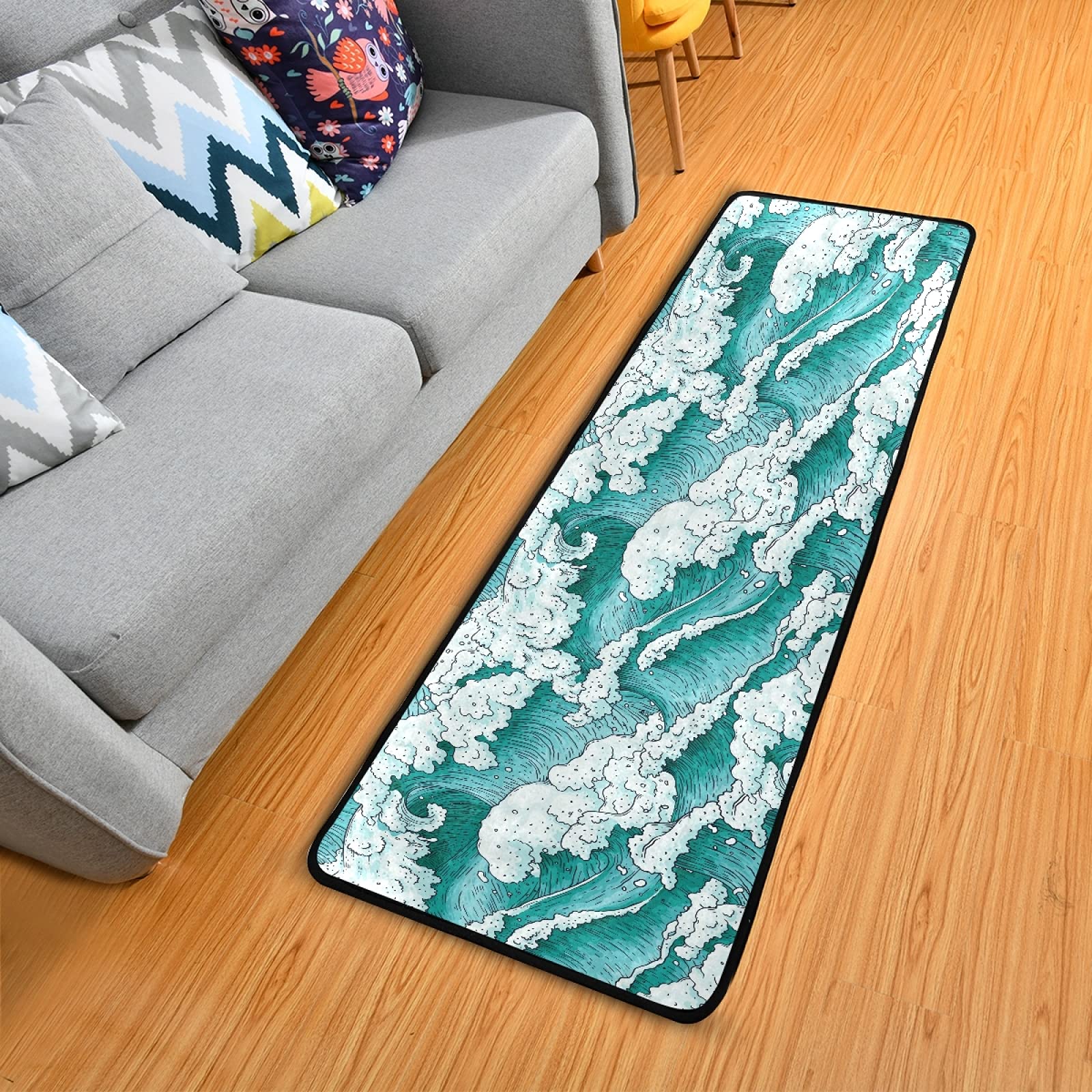 OTVEE Aqua Japanese Style Ocean Waves Rug Runner 2x6 - Non-Slip Rubber Backing Laundry Room Rug, Kitchen Mat for Hallway, Bathroom & Bedroom - Perfect for Indoor Home Decor & Coastal Theme Spaces
