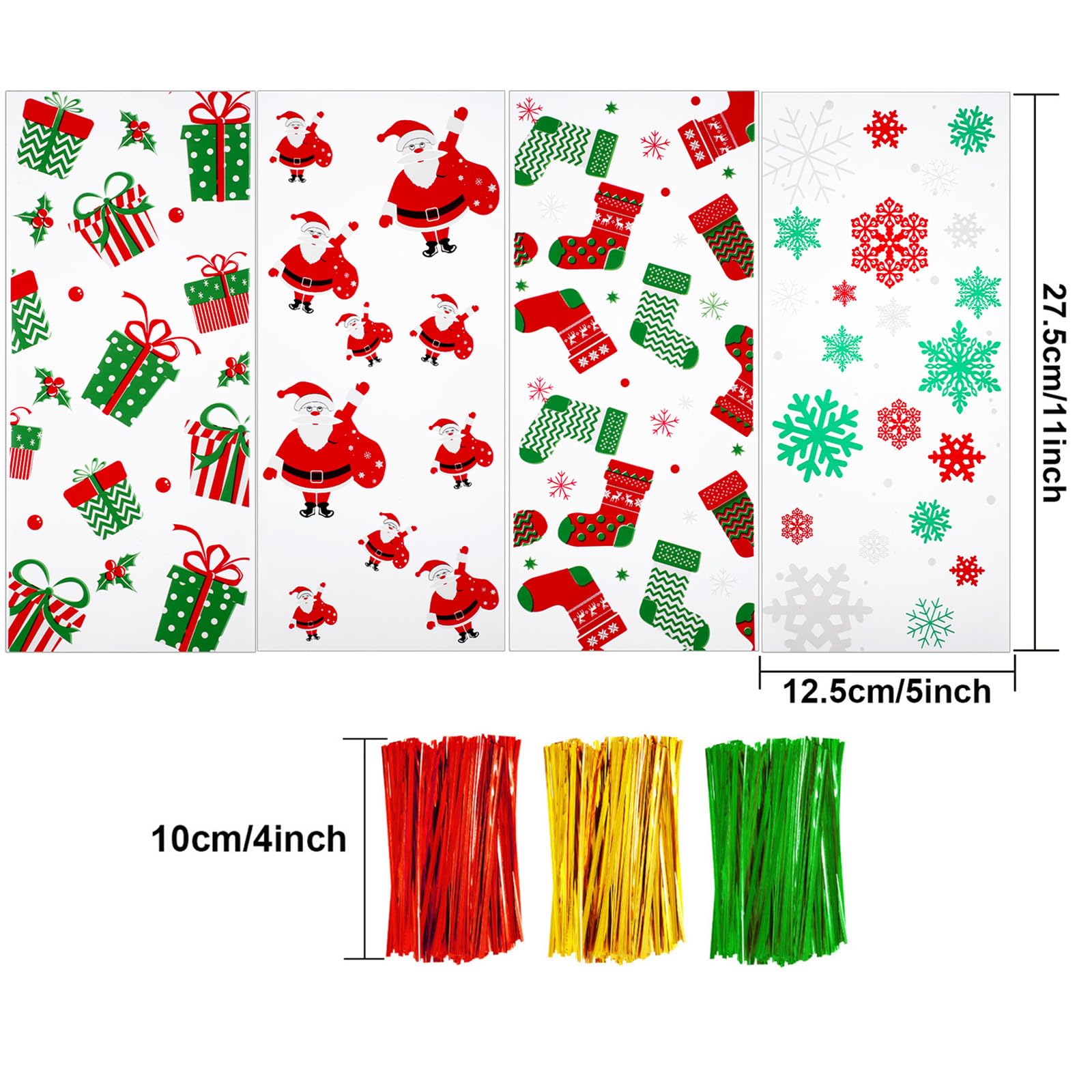 200 Pcs Christmas Cellophane Bags with 300 Twist Ties - 4 Styles for Holiday Candy, Cookies & Party Favors - Perfect for Christmas Treats, Gift Wrapping & Themed Party Supplies