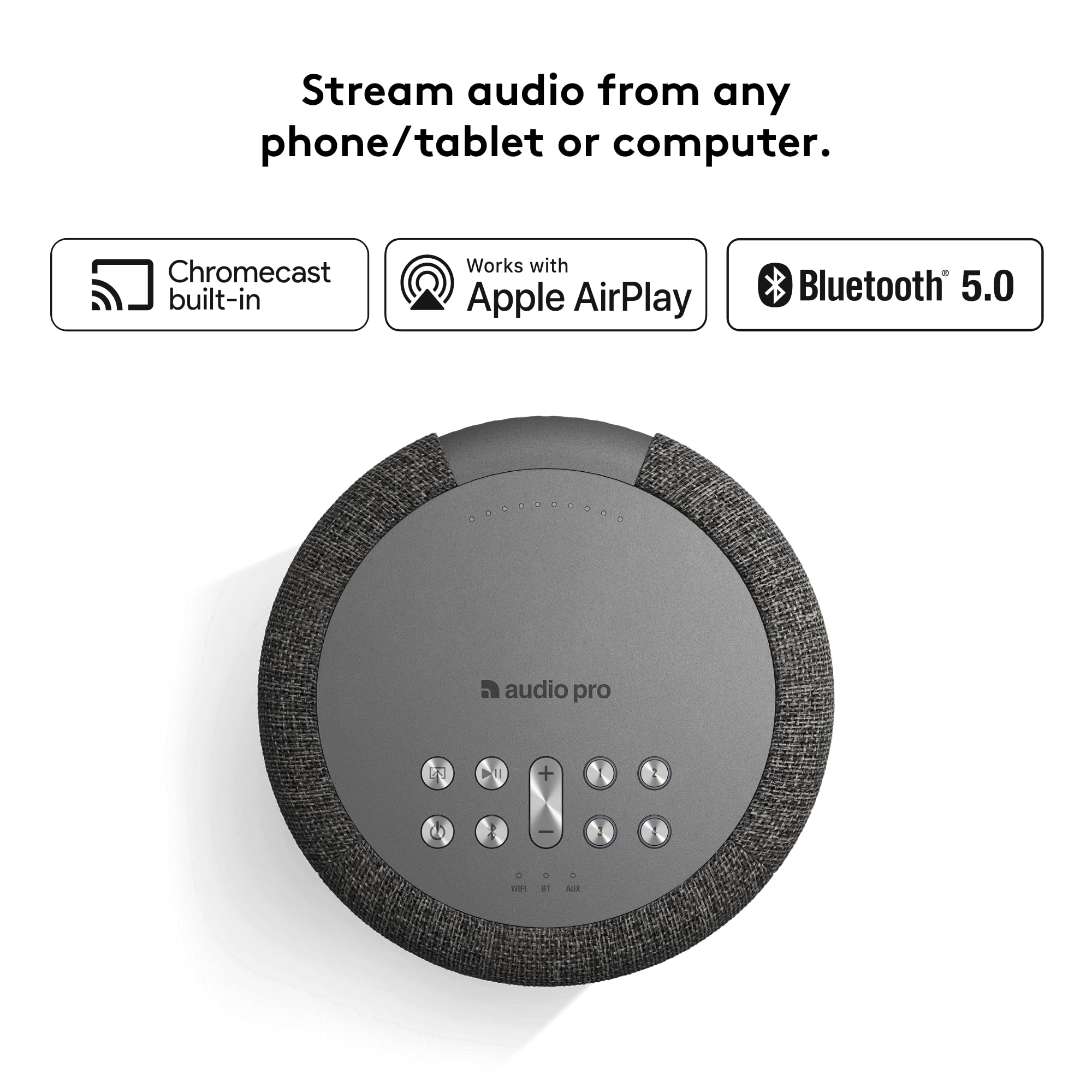 Audio Pro A10 MKII Wireless Bluetooth Speaker - Hi-Fi Sound with WiFi & 3.5mm Input for iPhone, Android, PC - Perfect for Home, Office & Outdoor Use - Dark Grey