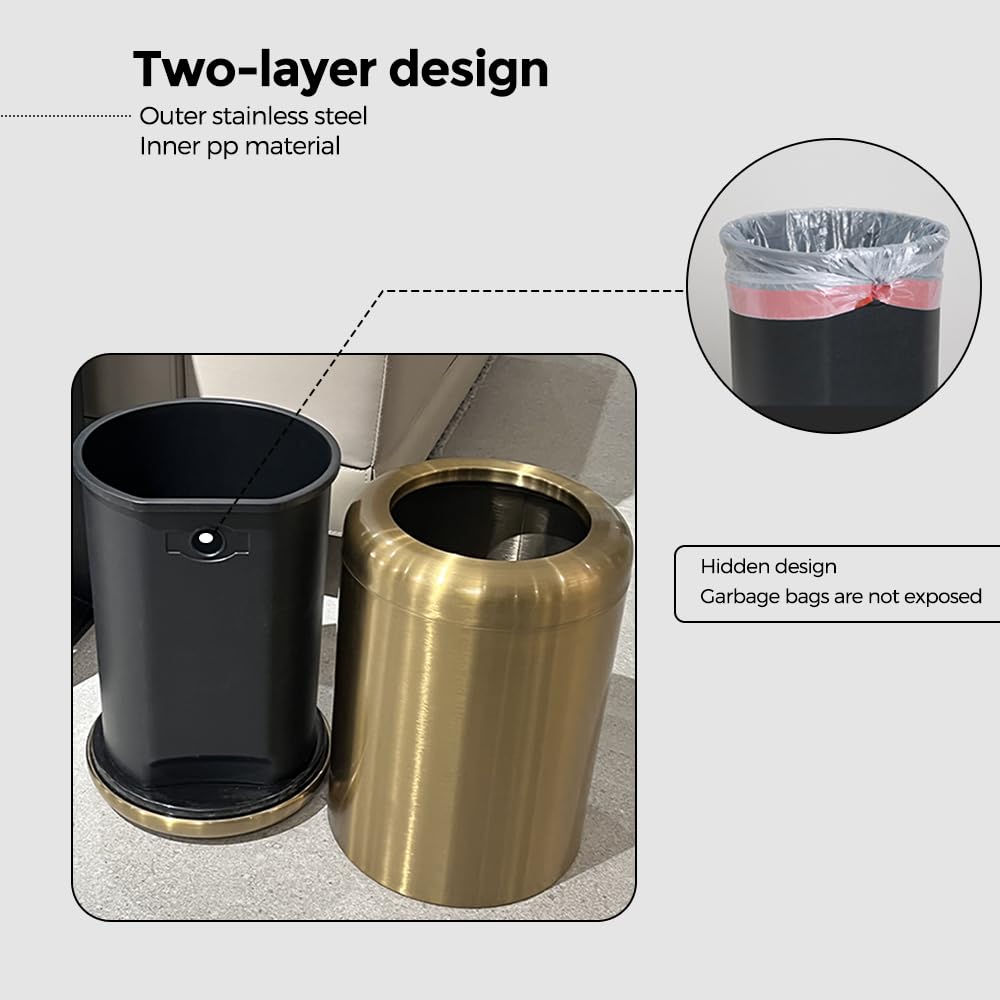 8L/2.1 Gallon Brushed Nickel Gold Trash Can - Small Brass Waste Bin for Bathroom, Powder Room, Bedroom & Office - Elegant Gold Garbage Can for Home & Office Decor (Gold) | Perfect for Bathroom Vanity, Bedside, Desk & Living Room Spaces