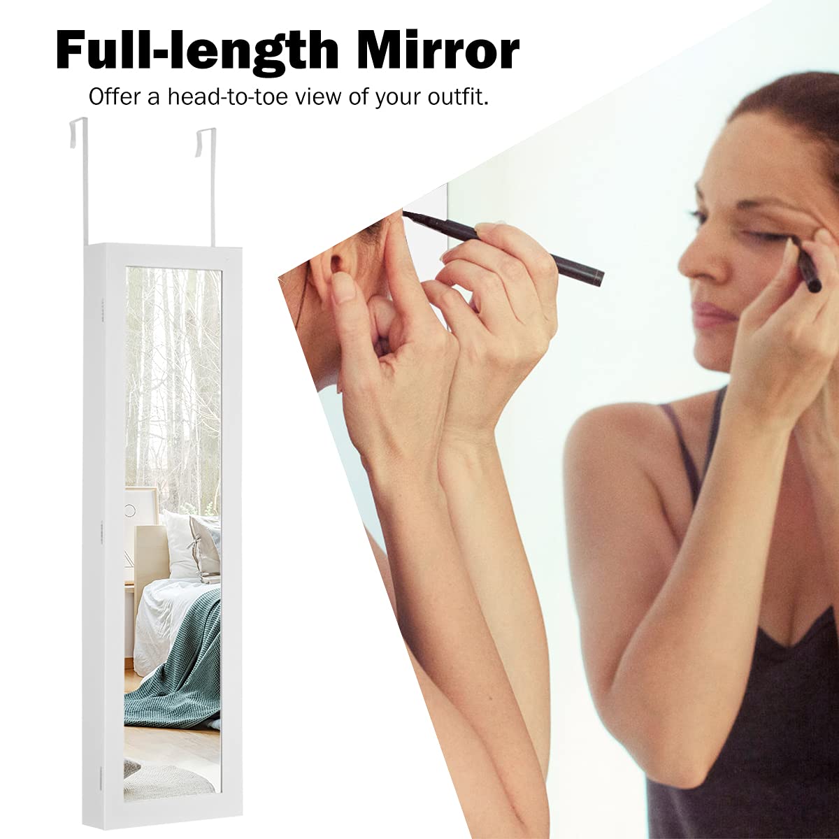 Byroce Jewelry Armoire Cabinet with Full Length Mirror - Lockable Over The Door Jewelry Organizer with 12 LED Lights for Women & Girls - Perfect for Bedroom, Closet or Dressing Room Organization