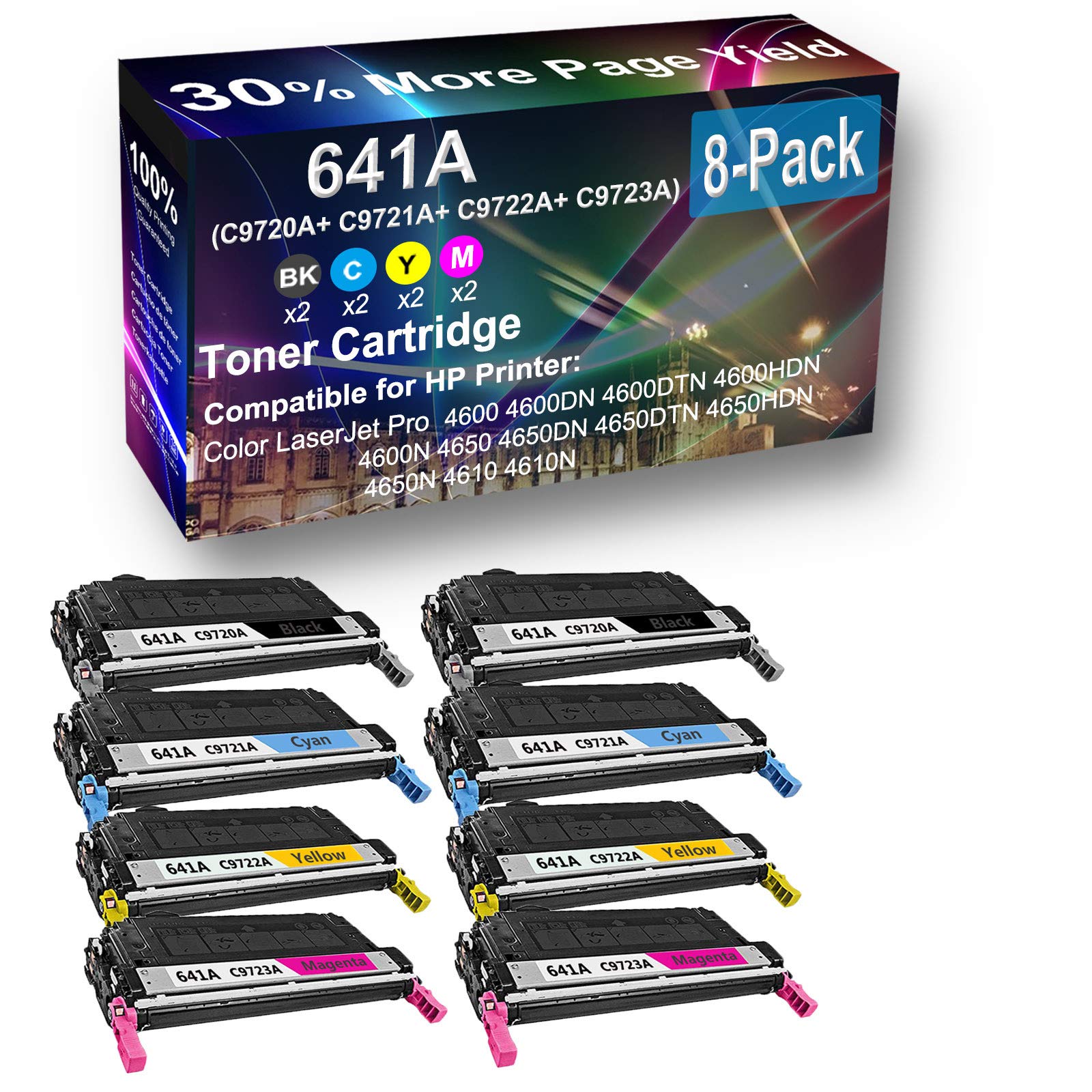 8-Pack High Yield Compatible Toner Cartridge (2BK+2C+2Y+2M) for HP 4650HDN/4650N/4610/4610N Printers - Replacement for C9720A/C9721A/C9722A/C9723A (641A Series) - Ideal for Office & High Volume Printing Needs