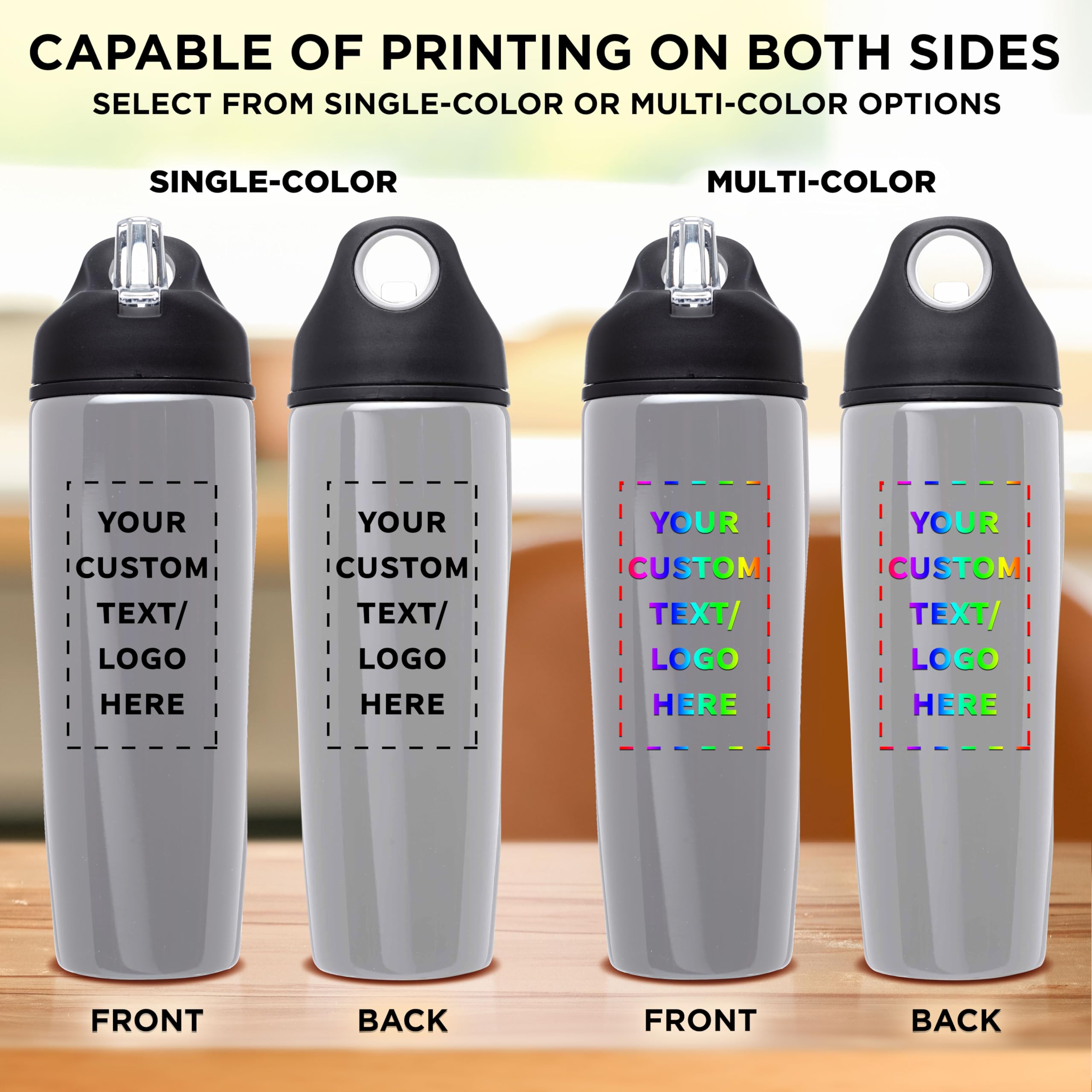 Custom Stainless Steel Water Bottle 24 Pack - Personalized Text & Logo - 28.5 oz Metal Sports Bottles with Flip Top Lid - Easy Carry Handle - Silver - Perfect for Team Sports, Gym, Outdoor Activities & Corporate Gifts