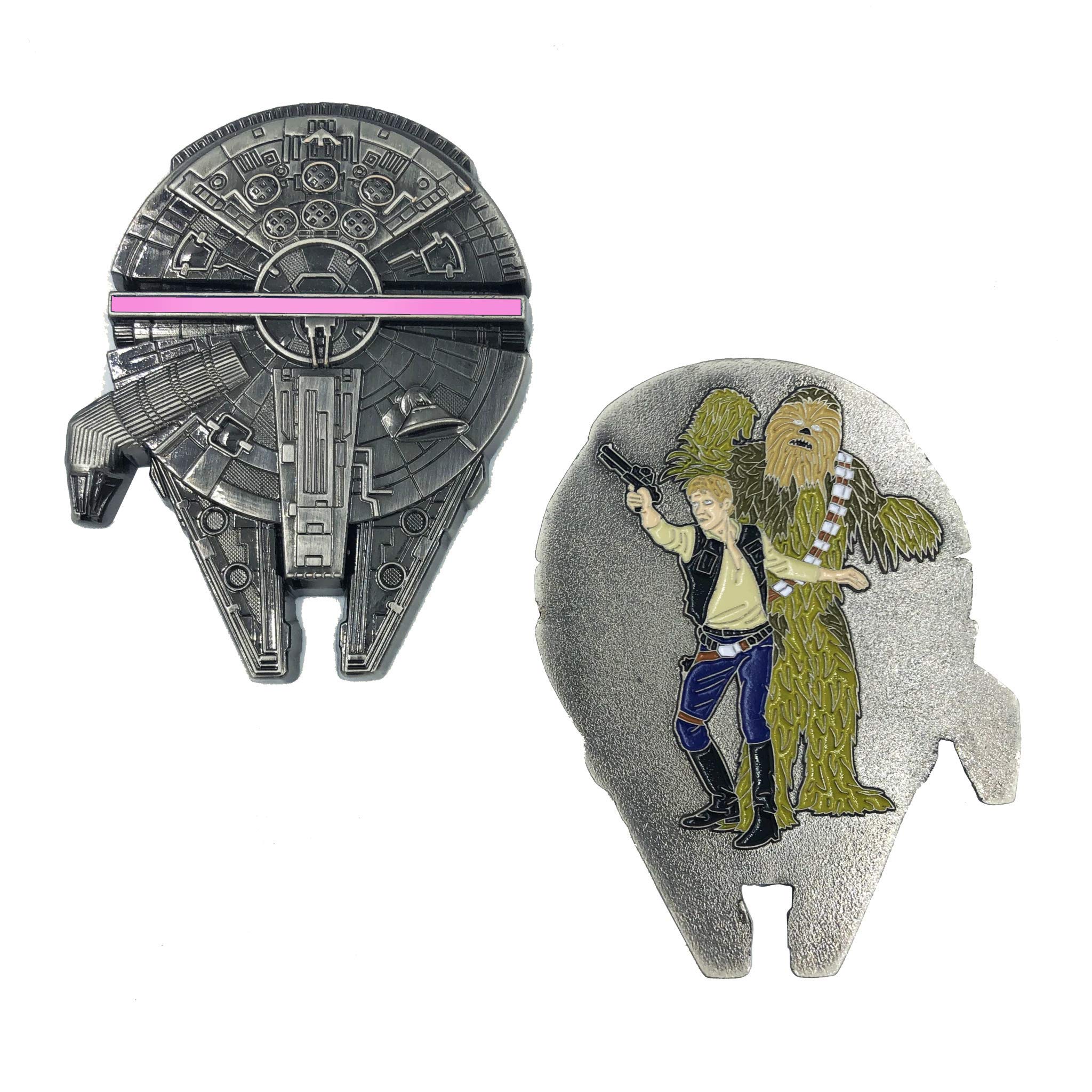 Millennium Falcon Chewbacca Han Solo Inspired Challenge Coin - Thin Pink Line Breast Cancer Awareness Gift for Star Wars Fans, Collectors & Supporters (Perfect for Fundraisers, Gifts & Display)