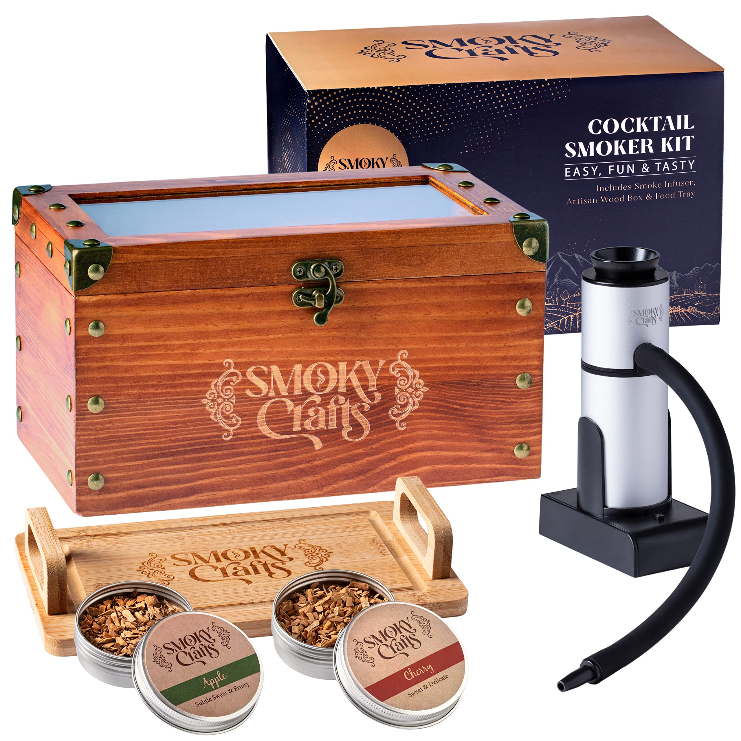 Premium Whiskey Smoker Kit - Old Fashioned Cocktail & Food Smoker with Smoking Gun, Wood Chips (Apple & Cherry), Food Tray - Perfect for Bourbon Lovers, Home Bars & Gourmet Cooking - No Torch Required