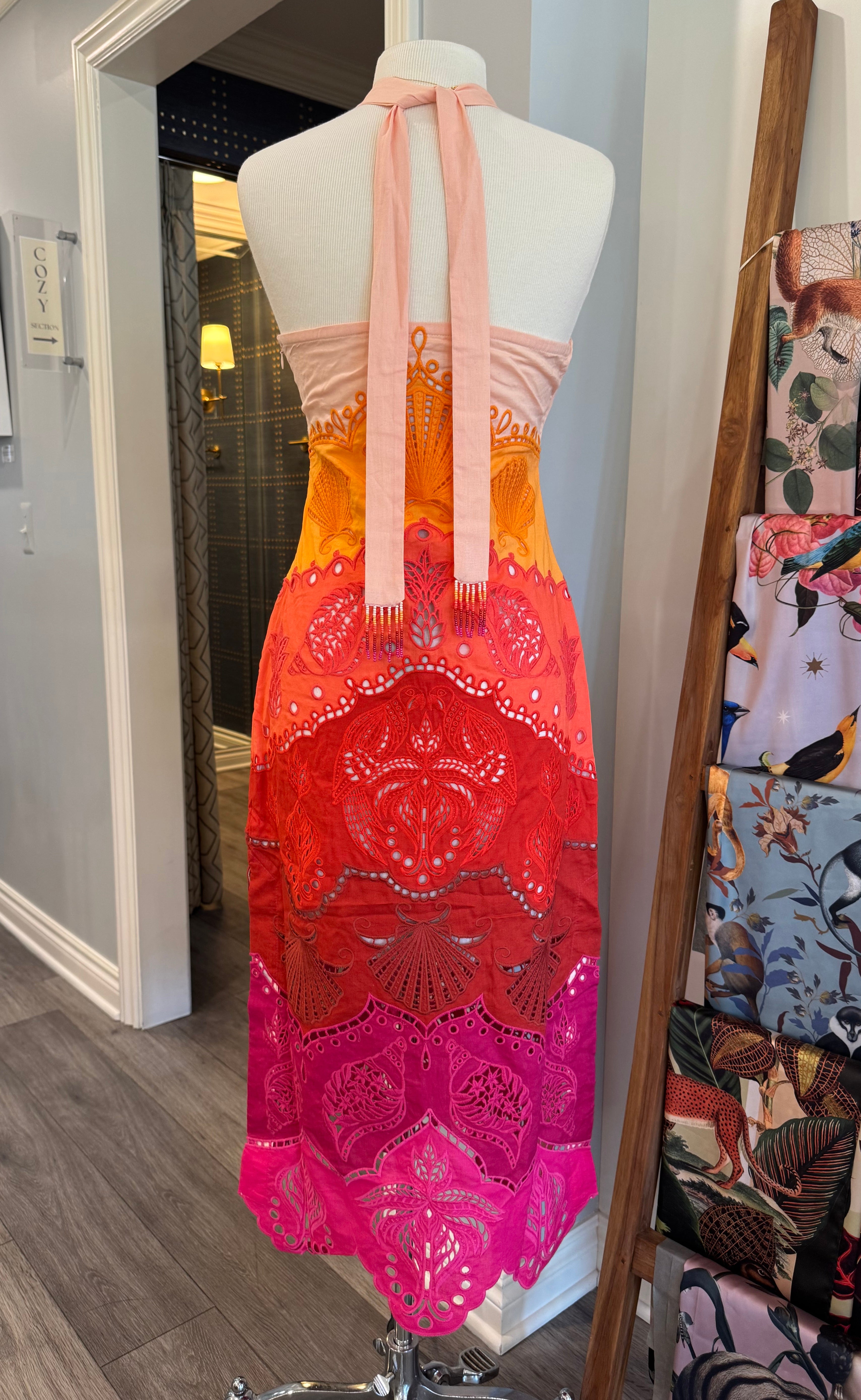 Farm Rio Women's Summer Gradient Richelieu Dress - Flowy Bohemian Maxi Dress for Beach Vacation, Music Festival & Tropical Getaway