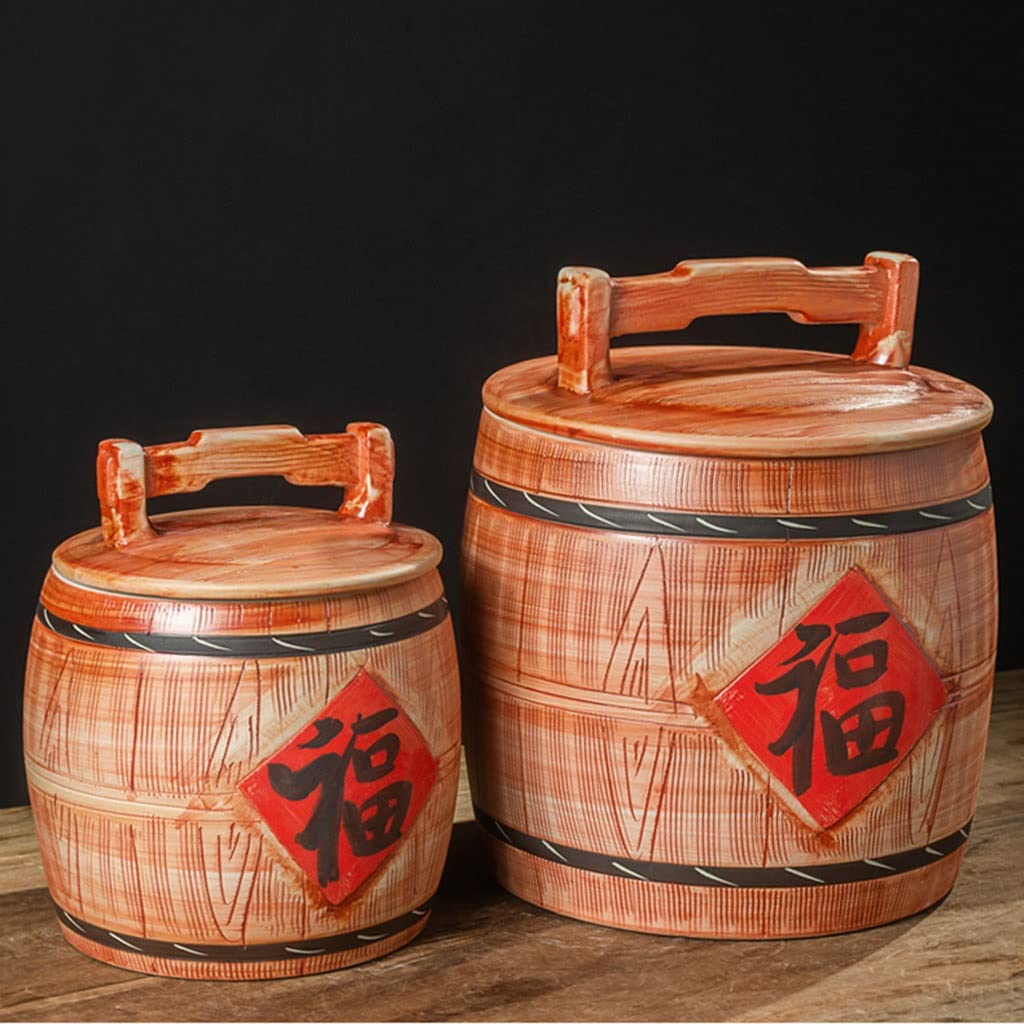Wood Grain Ceramic Rice Storage Jar with Lid - Airtight Kitchen Container for Flour, Beans & Rice (36x34.4cm, Brown) | Perfect for Pantry Organization & Bulk Food Storage