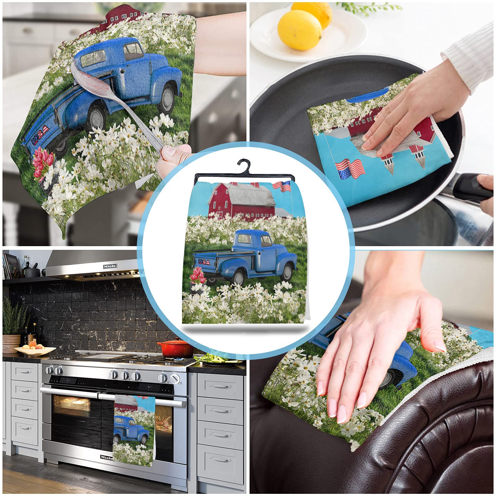 2 Pack Daisy Independence Day July 4th Truck Kitchen Towels - Soft Absorbent Cotton Dish Towels, Tea Towels & Bar Towels for Kitchen & Bathroom - Perfect for Drying Dishes, Decorating for Holidays & Everyday Use