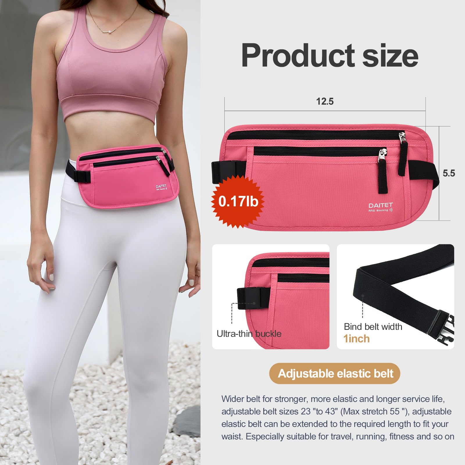 RFID Blocking Money Belt for Men & Women - Slim Travel Fanny Pack with Passport Holder, Phone & Cash Pockets - Anti-Theft Waist Wallet for Running, Hiking & Vacation (Hot Pink) | Secure Essentials Storage for Airport, Gym & Outdoor Adventures