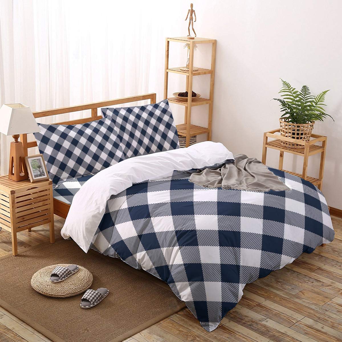 Fangship 4-Piece Duvet Cover Set - Navy Buffalo Check Plaid Pattern, Ultra Soft Bedding for Full/Queen Size, Zipper Closure & Corner Ties - Cozy Farmhouse Style Bedroom Decor for Winter Comfort
