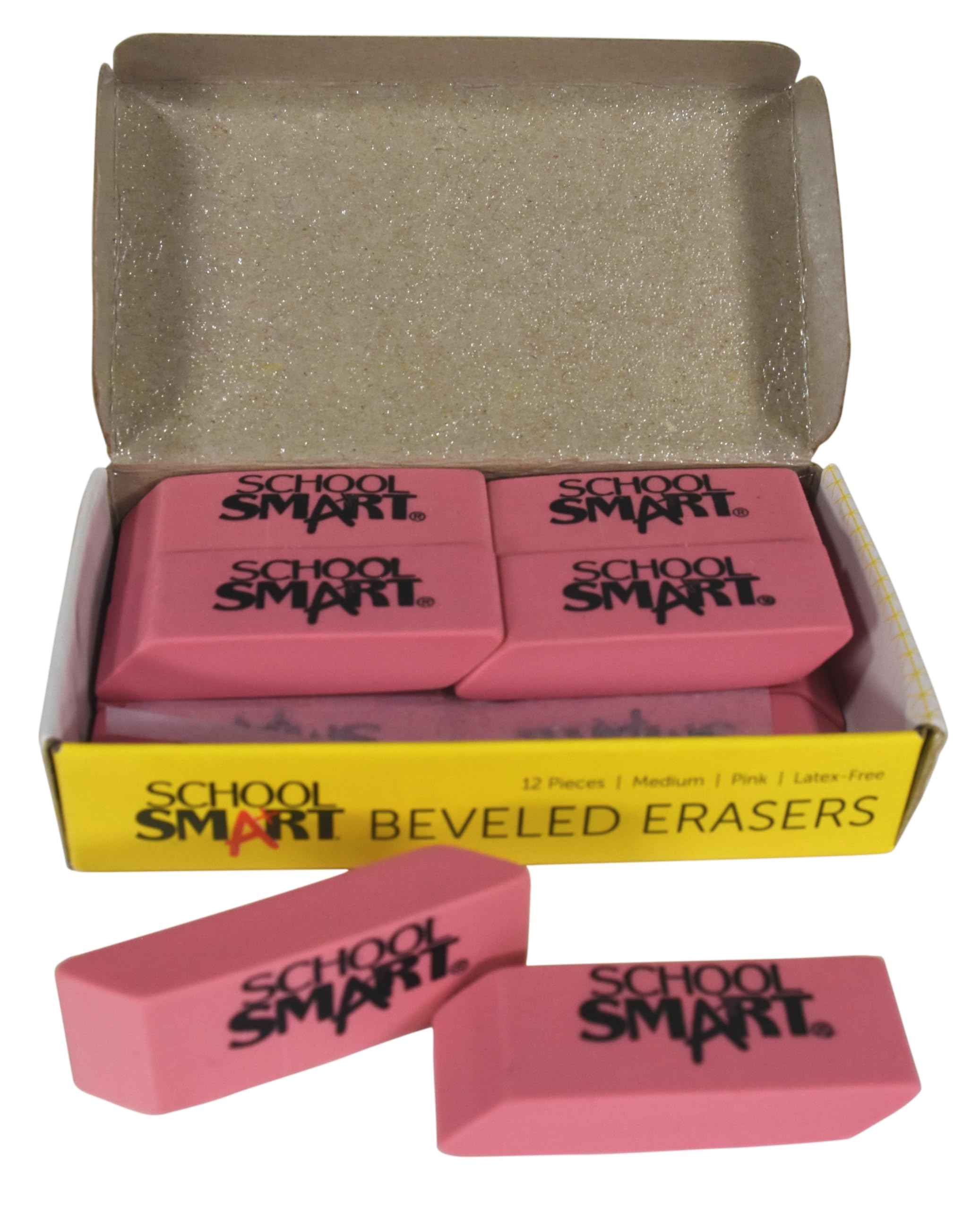 School Smart Beveled Block Erasers - Medium Size, Pink, Pack of 12 - Perfect for Classroom, Office & Art Projects