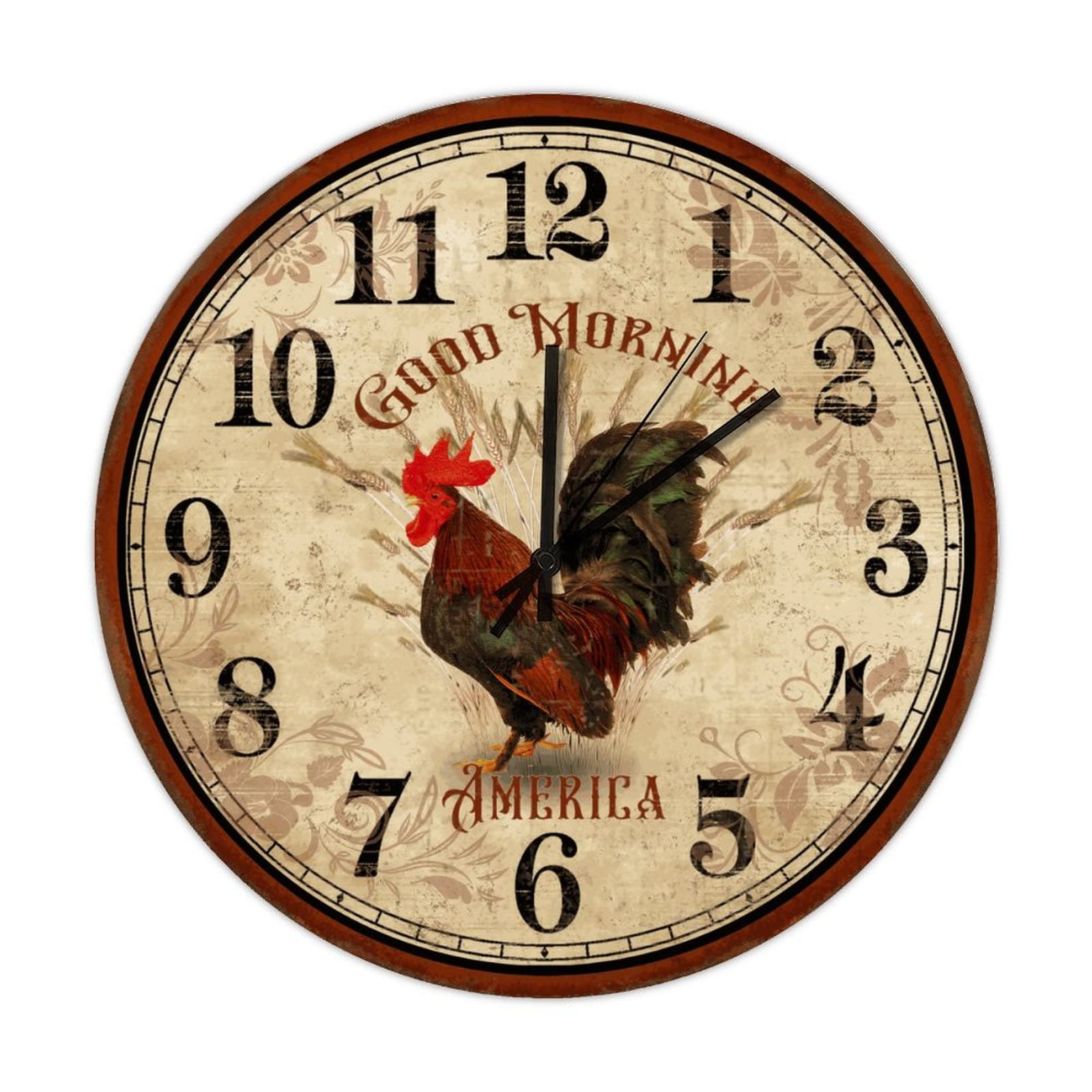 Vintage Farmhouse Round Wood Wall Clock - 12 Inch Silent Non-Ticking Rooster Decor with Arabic Numerals, Battery Operated for Home, Office, Classroom, Bar & Club Decor | Perfect Rustic Wall Art for Country Kitchen, Living Room or Bedroom