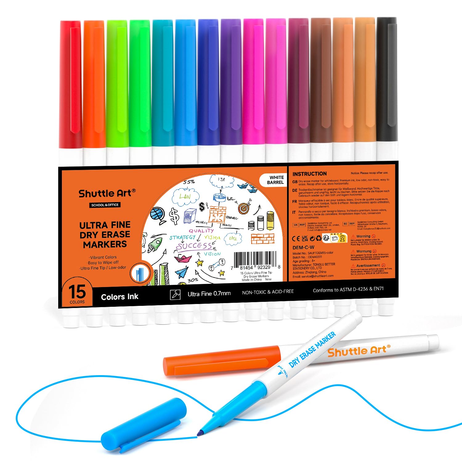 Shuttle Art Ultra Fine Tip Dry Erase Markers Set - 15 Vibrant Colors Whiteboard Markers with Eraser - Low Odor Non-Toxic Chalk Markers for Whiteboard, Glass, Mirrors - Perfect for Classroom, Office, Home & DIY Projects