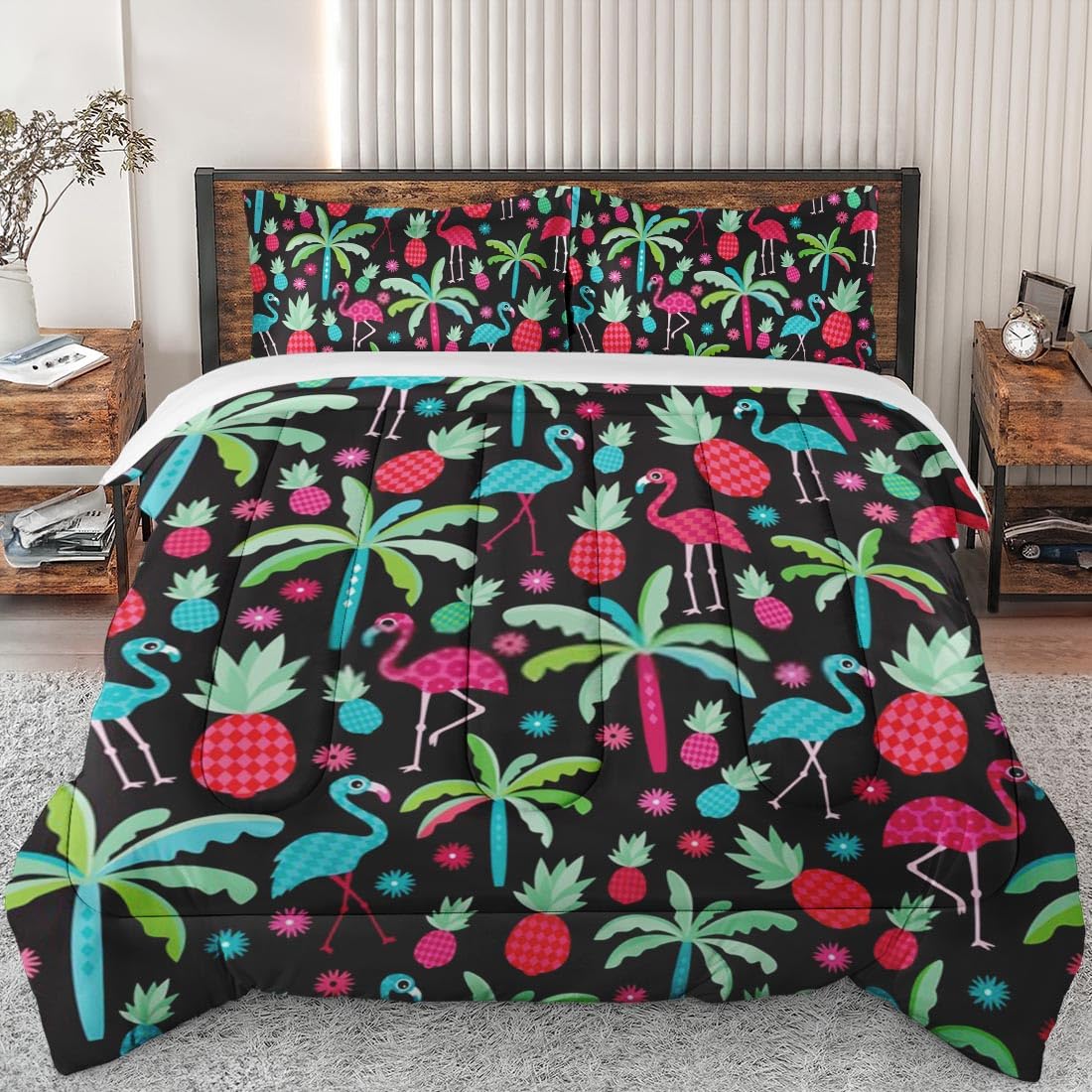 **King Size Tropical Flamingo Comforter Set - Soft Colorful Floral Palm Bedding for Kids & Adults, Includes 2 Pillowcases - Perfect for Beach-Themed Bedroom Decor & Vacation Home Styling**