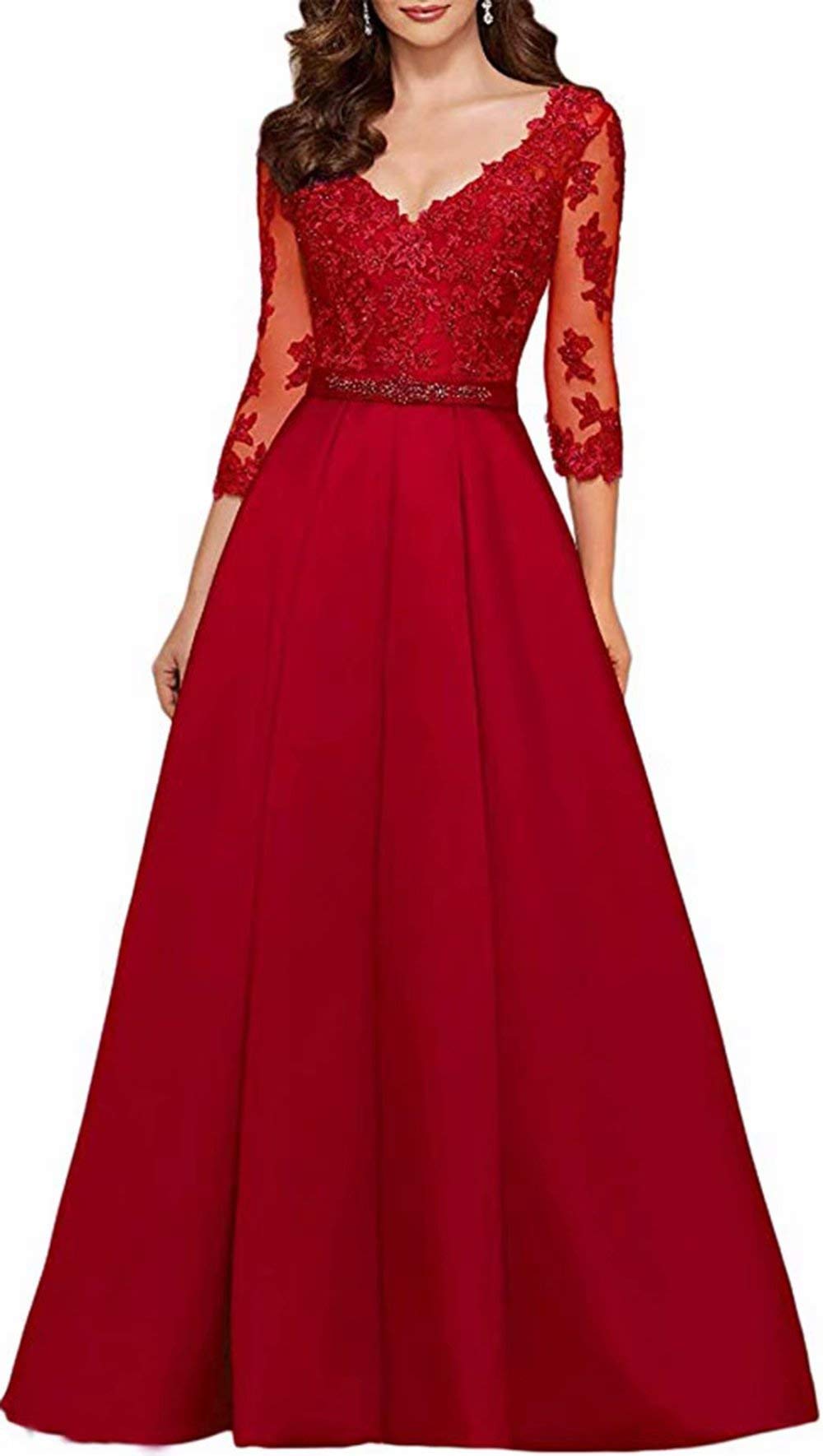 Ri Yun Women's Elegant 3/4 Sleeve Lace Prom Dress - Long Formal Gown for Mother of the Bride, Wedding Guest, and Special Occasions