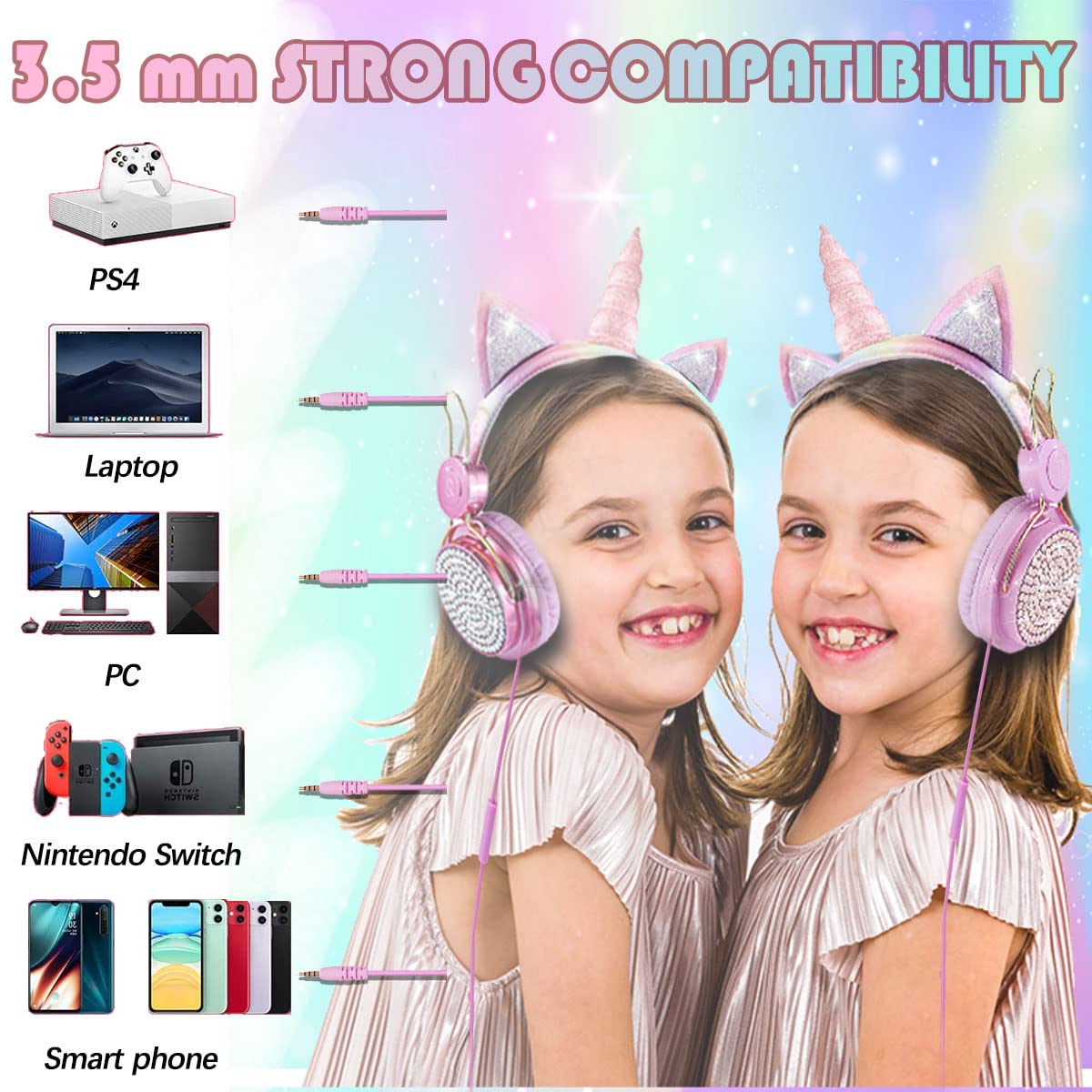 SVYHUOK Cat Ear Headphones for Kids Girls Teens - Cute Wired On-Ear Headset with Microphone, 3.5mm Jack - Perfect for School, Travel, Gaming & Birthday/Xmas Gifts (Princess Pink)