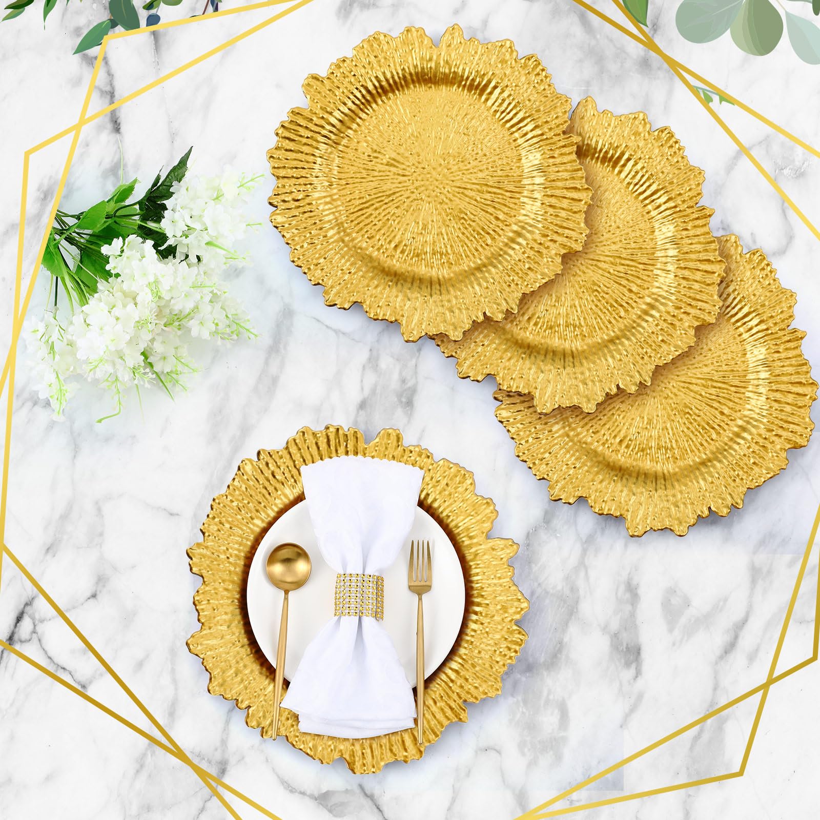 50 Pcs 13 Inch Gold Plastic Wedding Charger Plates - Floral Reef Design with Ruffled Rim - Elegant Decorative Dinner Plates for Wedding, Party & Event Table Settings - Perfect for Banquets, Bridal Showers & Formal Dining Decorations