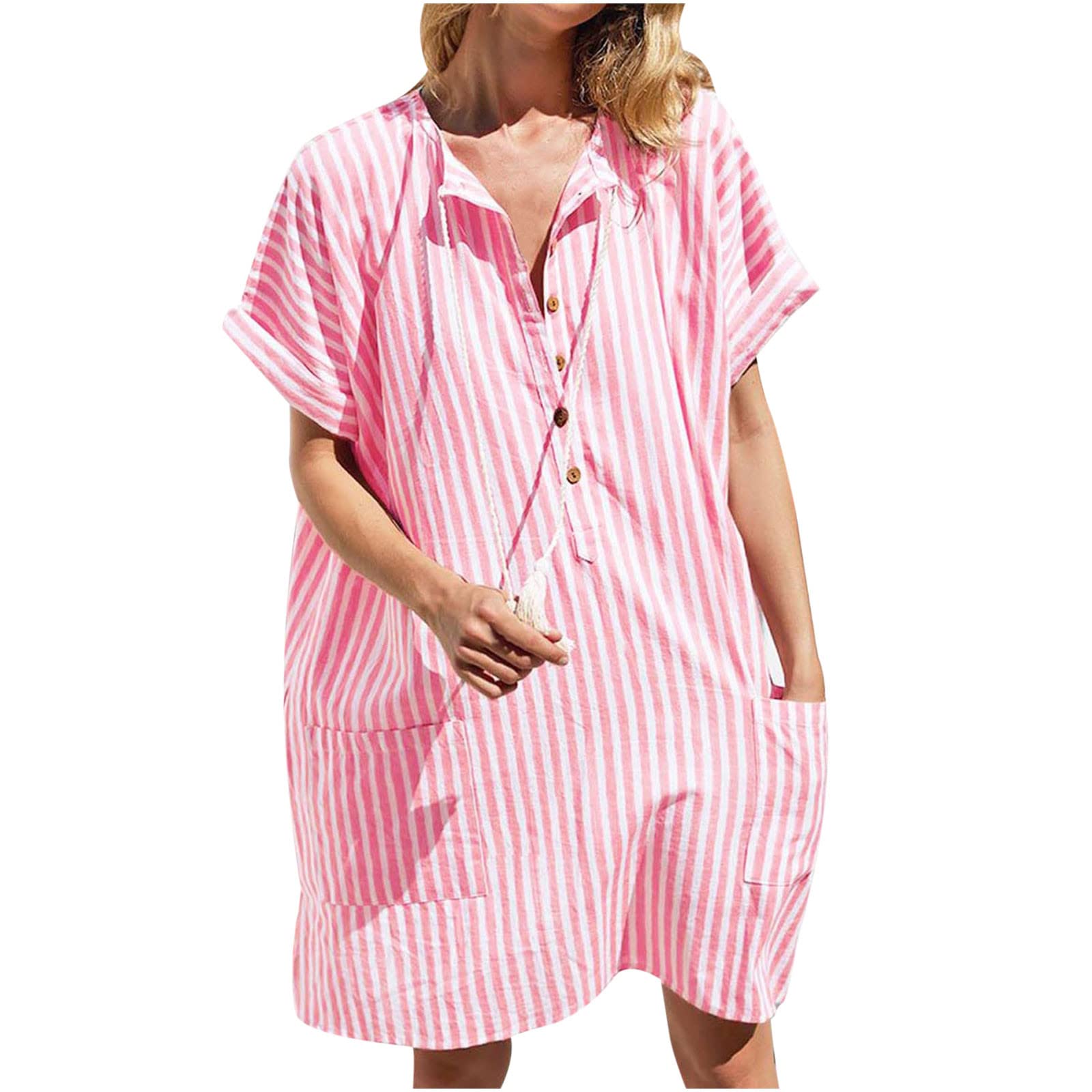 Women's Oversized V-Neck Stripe Summer Shirt Dress with Pockets - Loose Fit Short Sleeve Tunic Top Button Down Shirtdress | Perfect for Beach Vacation, Casual Outings & Summer Fashion