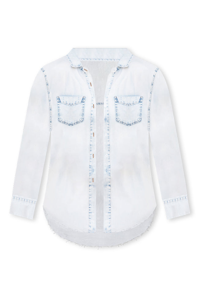 Elegant White Wash Chambray Button Front Blouse for Women | Casual Office Wear & Summer Outfits | Final Sale