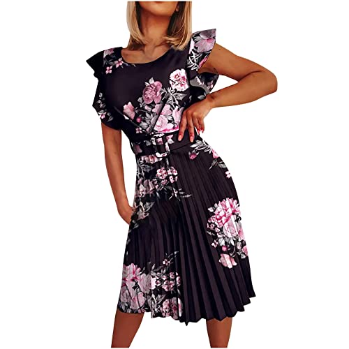 Women's Summer Dresses 2022 - Round Neck Pleated Ruffle Short Sleeve Floral Print Dress with Adjustable Waist Belt | Casual Beach Wear, Vacation Outfit, Party Dress