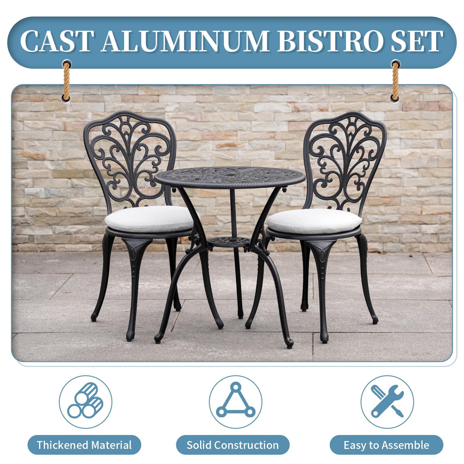 3 Piece Bistro Patio Set - Cast Aluminum Outdoor Table & 2 Chairs with Cushions, All-Weather Garden Furniture with Umbrella Hole (Black) - Perfect for Backyard, Balcony, and Poolside Relaxation