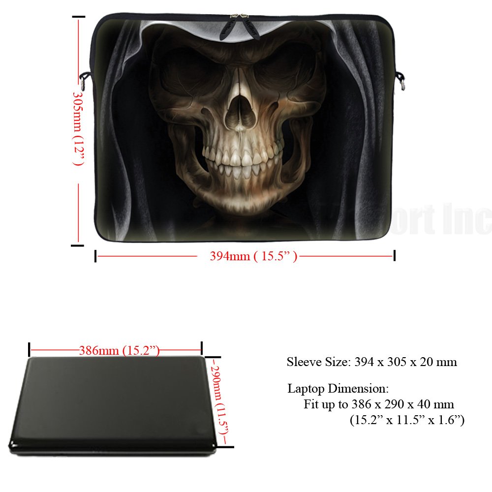 Meffort 15-15.6 Inch Neoprene Laptop Sleeve Case with Hidden Handle & Adjustable Strap - Skull Print Design for MacBook, Dell, HP - Perfect for School, Office & Travel