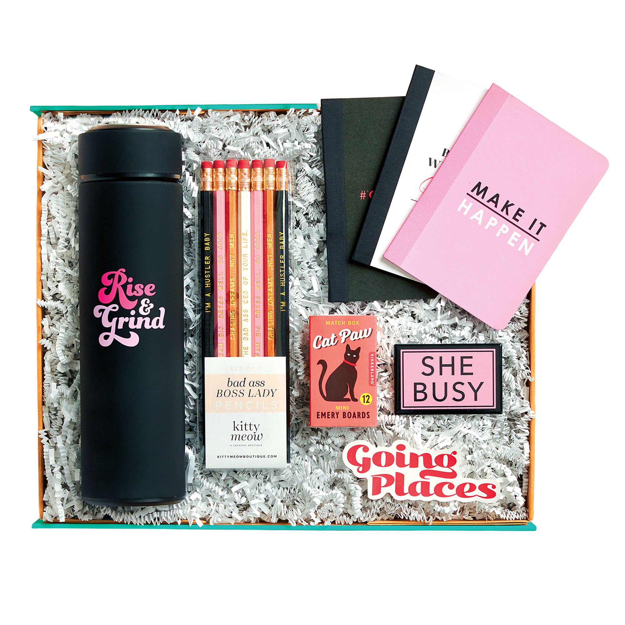 Delightly - Boss Babe Kit - Premium Gift Box for Boss, Coworker & Employee Appreciation (Includes 14oz Tumbler, 3 Mini Notebooks, Pencil Pack, Emery Boards, Magnet & Sticker) - Perfect Office Gift, Work Anniversary Present & Motivational Corporate Gift Set