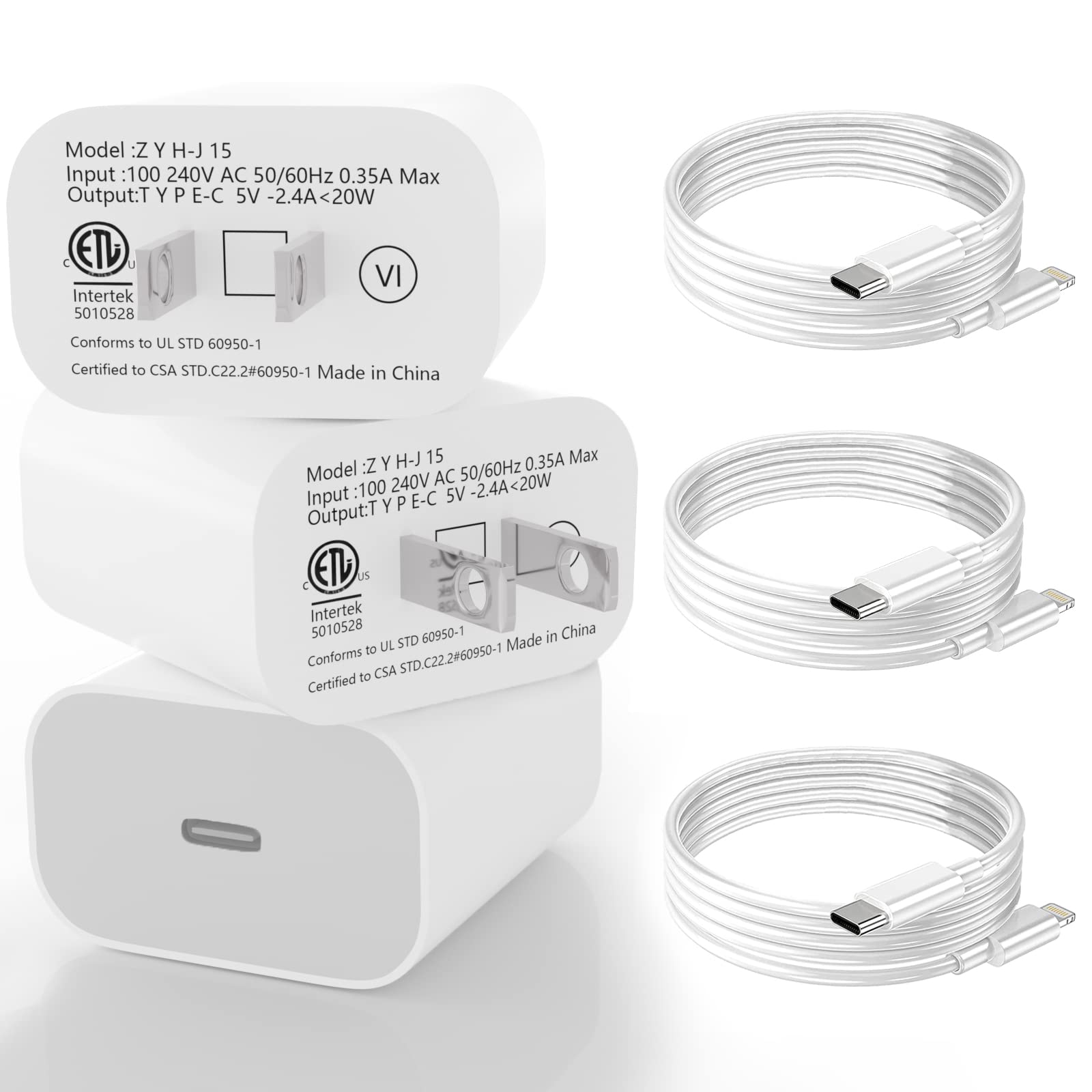 Apple MFI Certified 20W USB C Fast Charger Block with 6ft USB C to Lightning Cable - 3 Pack White Wall Plug for iPhone 13/12/11 Pro Max, iPad Air 3/4/5, AirPods Pro | Fast Charging at Home, Office & Travel
