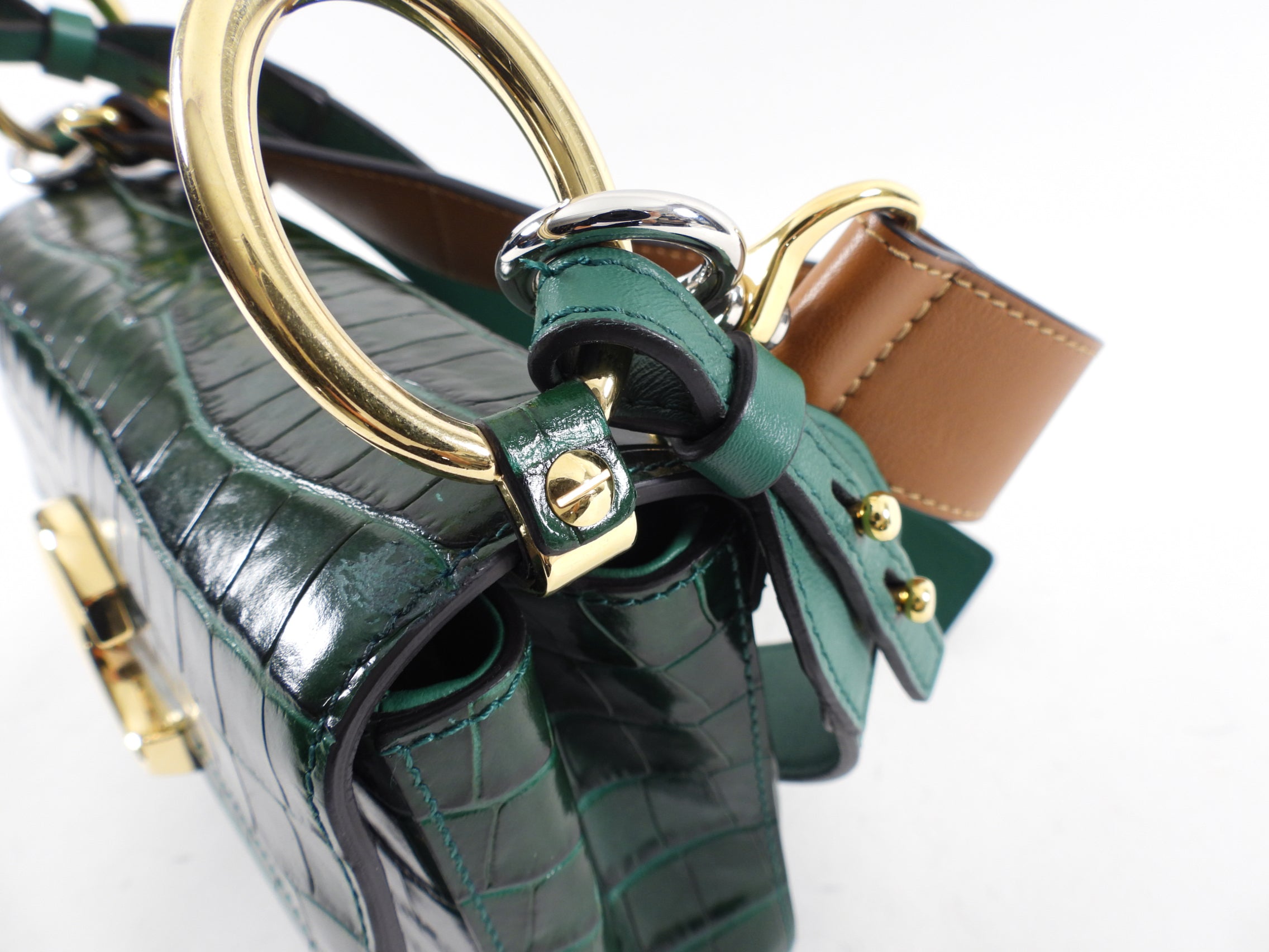 Chloe Green Croc-Embossed C Two-Way Flap Crossbody Bag - Stylish Handbag for Women, Perfect for Work, Travel & Evening Out